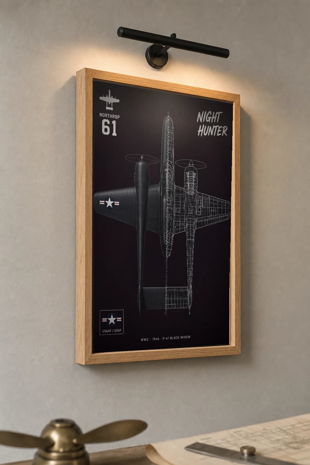 Northrop P-61 Black Widow Cutaway Poster — P-61 WW2 Split-View Blueprint Print — the framed print shown at a three-quarter angle on a styled gallery wall in a natural-oak frame