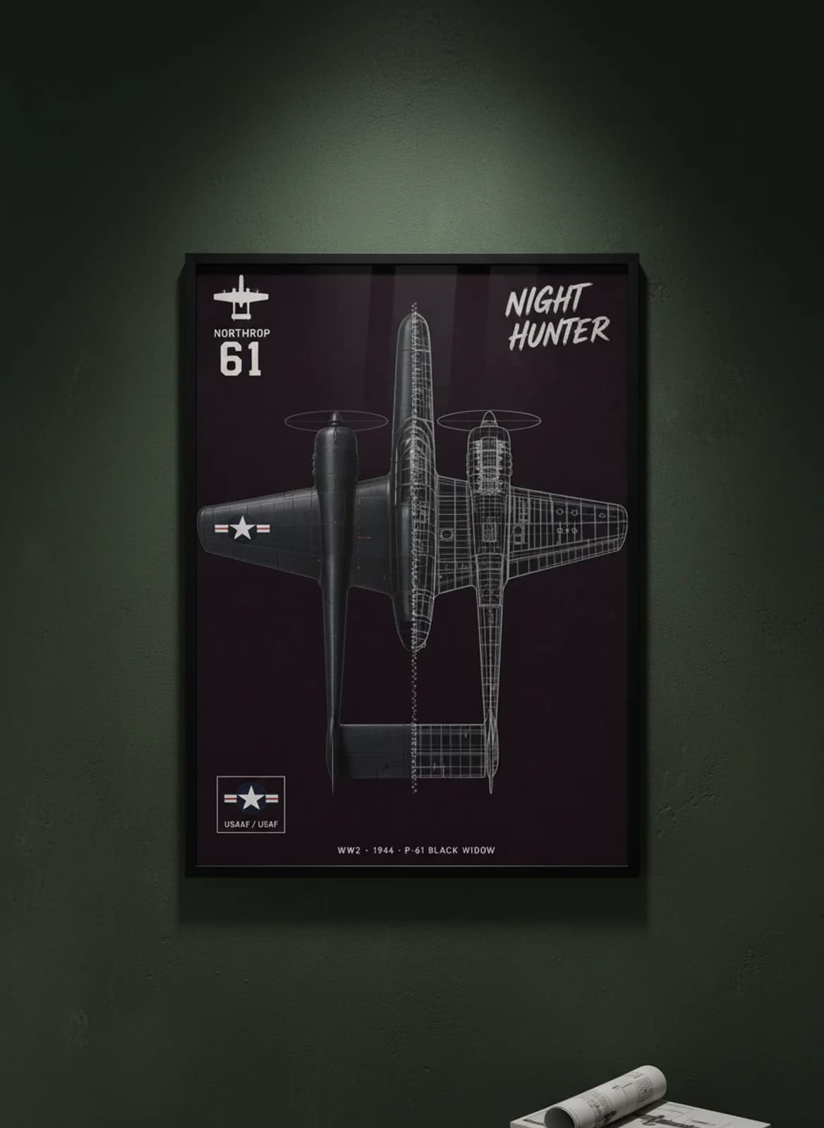 P-61 Black Widow cutaway poster in black A2 frame on matte-black-livery deep forest wall — Aircraft Cutaways enthusiast study mockup