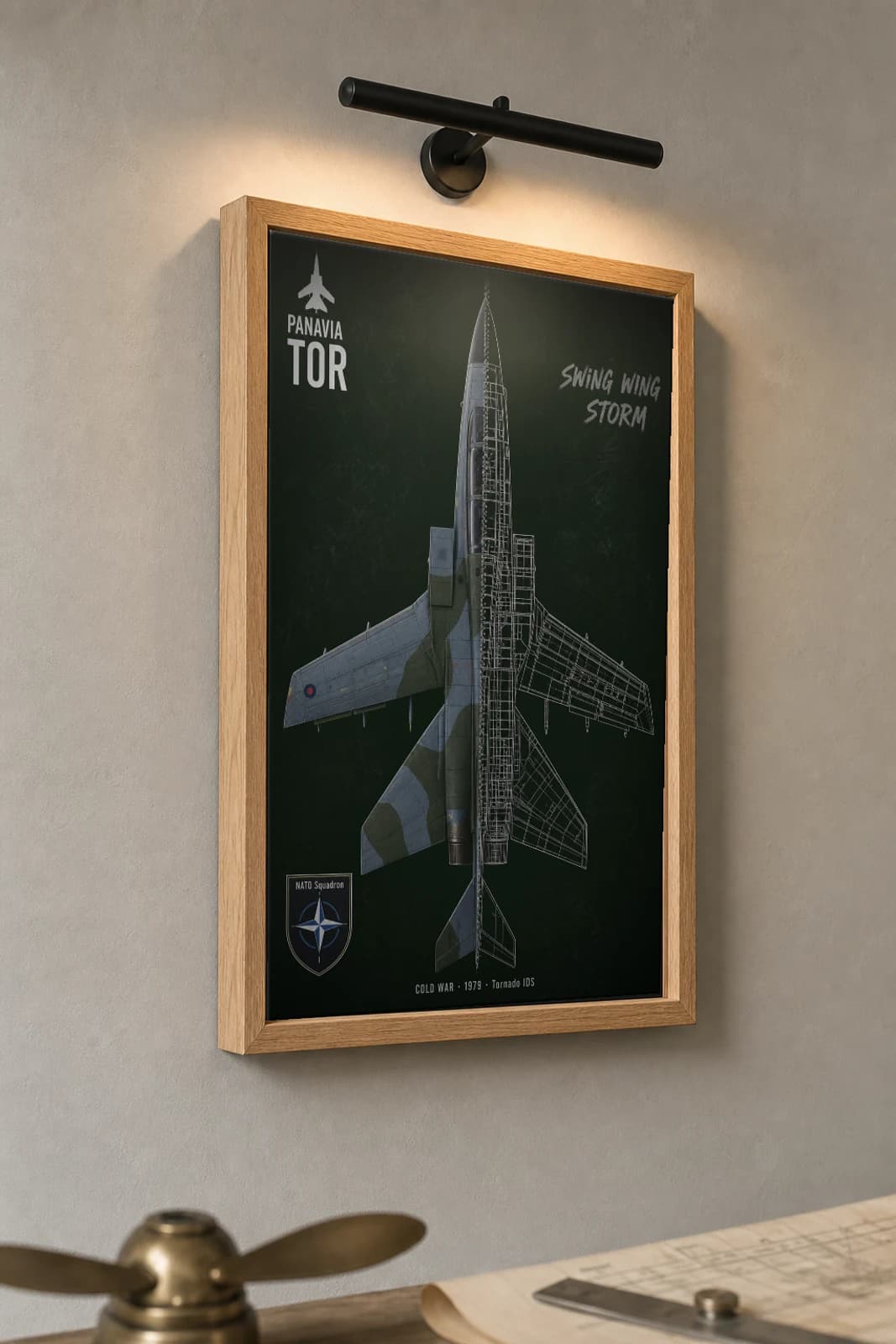 Panavia Tornado Cutaway Poster — Tornado IDS Cold War Split-View Blueprint Print — the framed print shown at a three-quarter angle on a styled gallery wall in a natural-oak frame