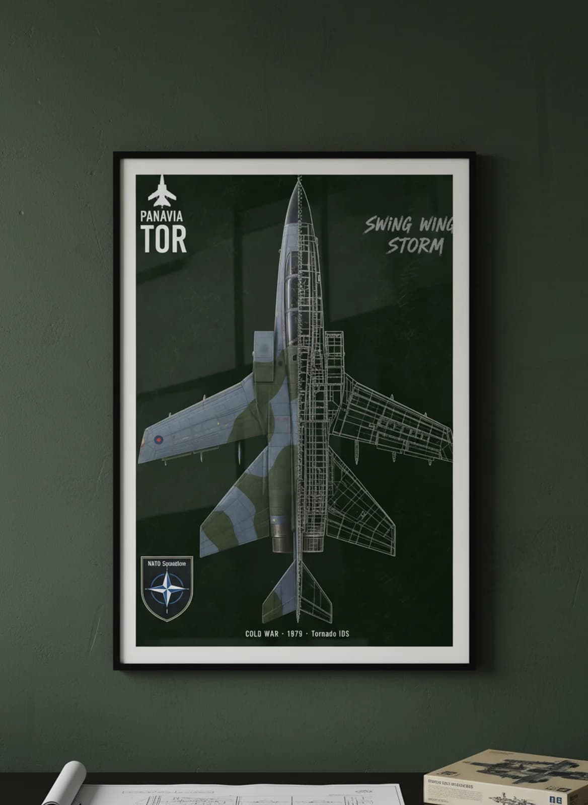 Tornado IDS — Aircraft Cutaway cutaway poster in black A2 frame on raf-dark-green-camouflage deep forest wall — Aircraft Cutaways enthusiast study mockup