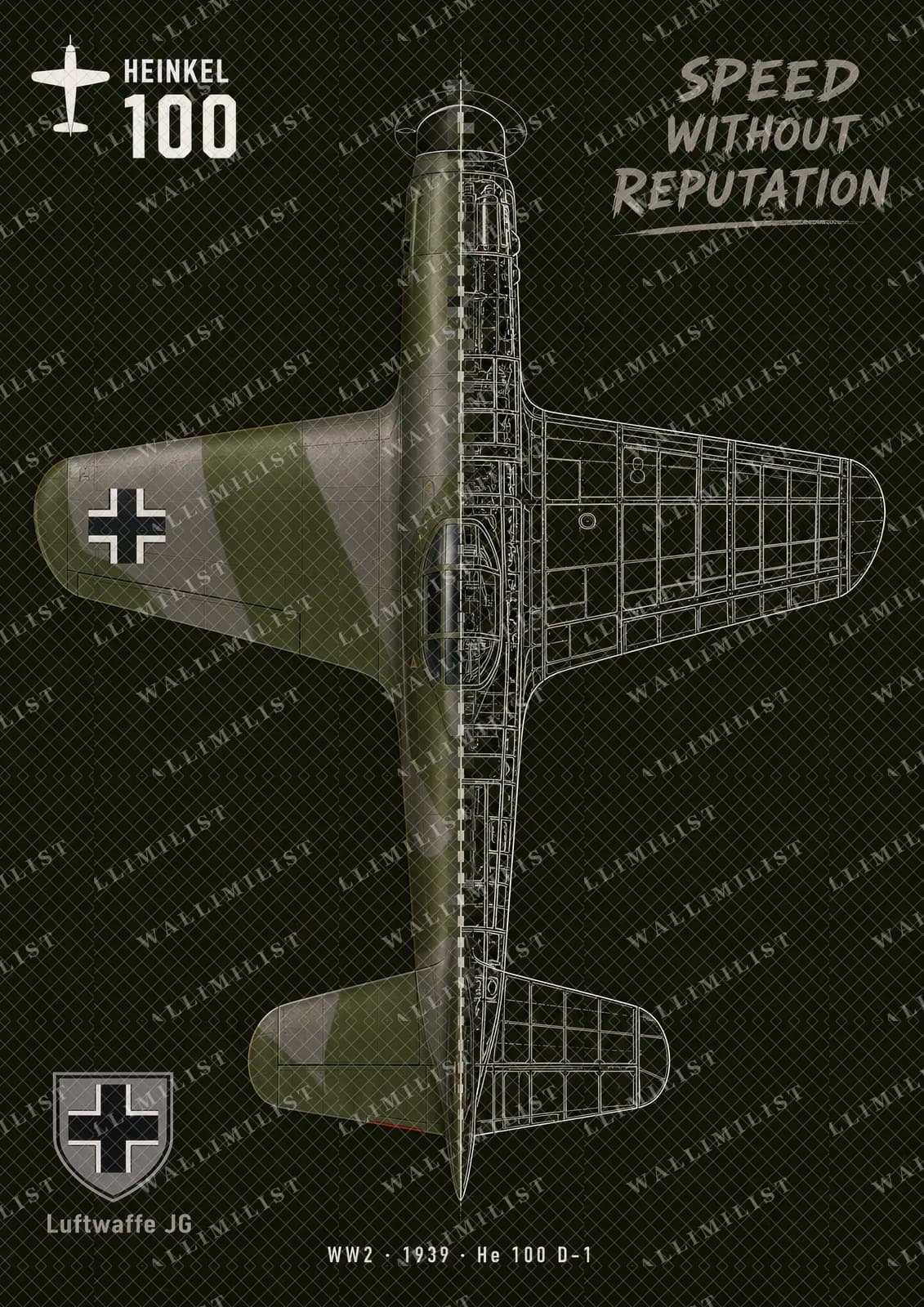 Actual watermarked print of He 100 D-1 — Aircraft Cutaway