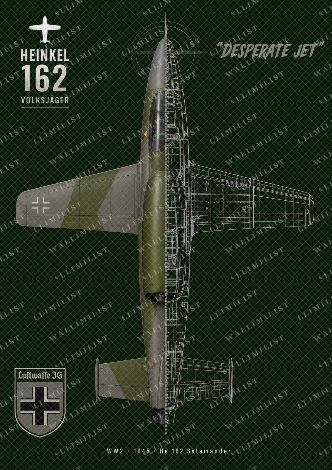 Actual watermarked print of He 162 Salamander — Aircraft Cutaway