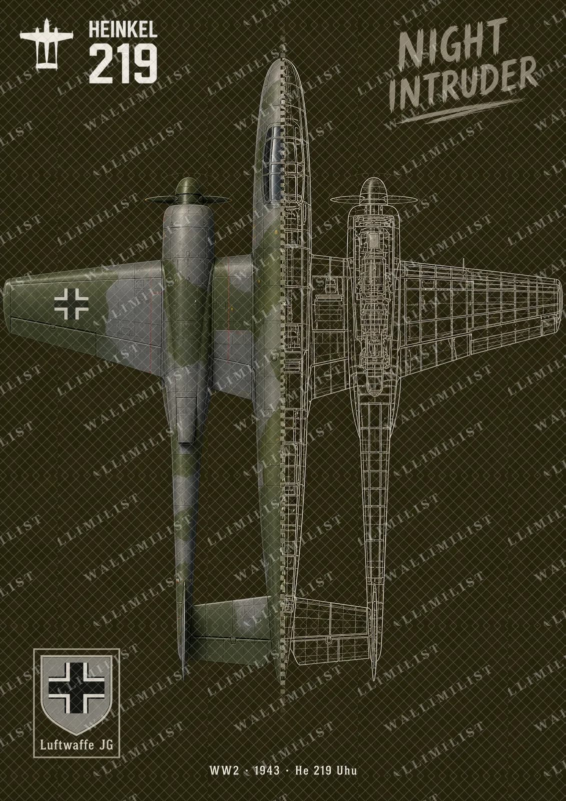 Actual watermarked print of He 219 Uhu — Aircraft Cutaway