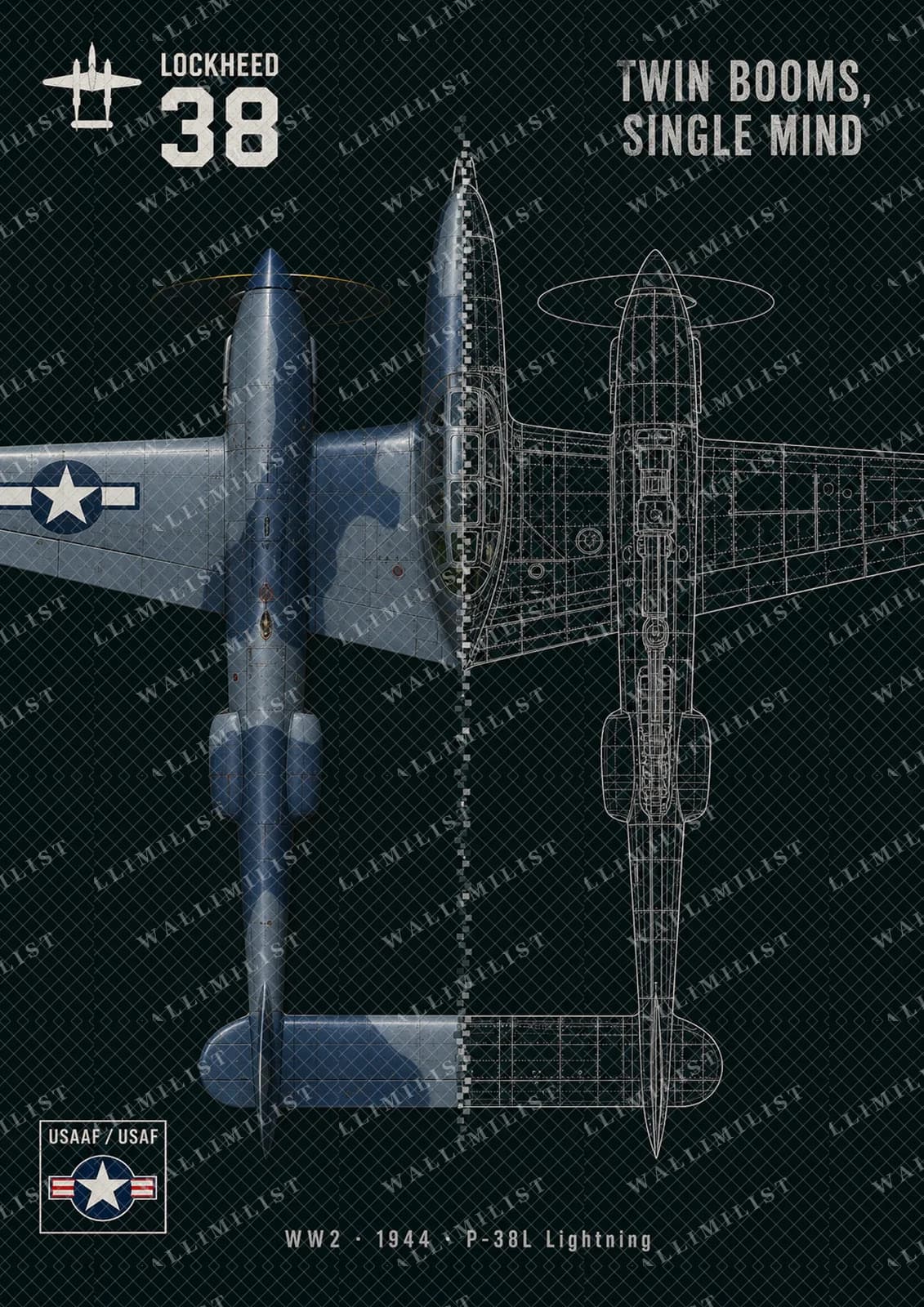 Actual watermarked print of P-38L Lightning — Aircraft Cutaway