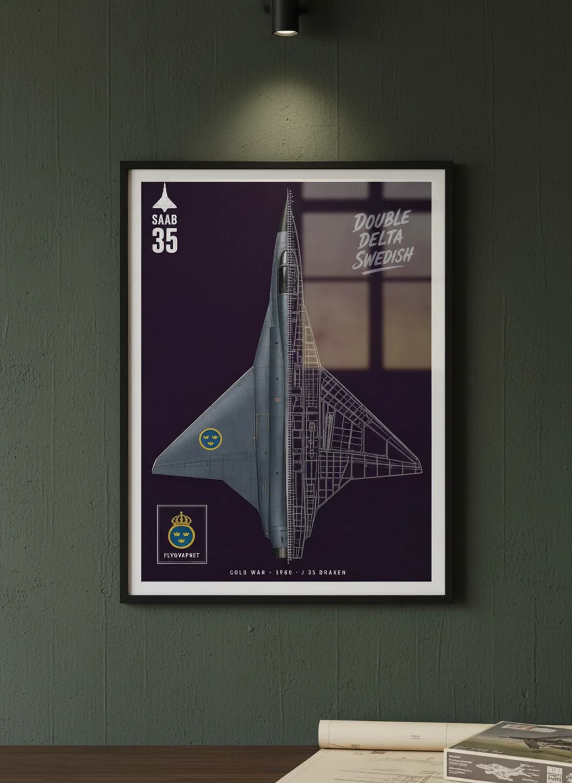 J 35 Draken — Aircraft Cutaway cutaway poster in black A2 frame on dark-navy-purple-forest-plate deep forest wall — Aircraft Cutaways enthusiast study mockup