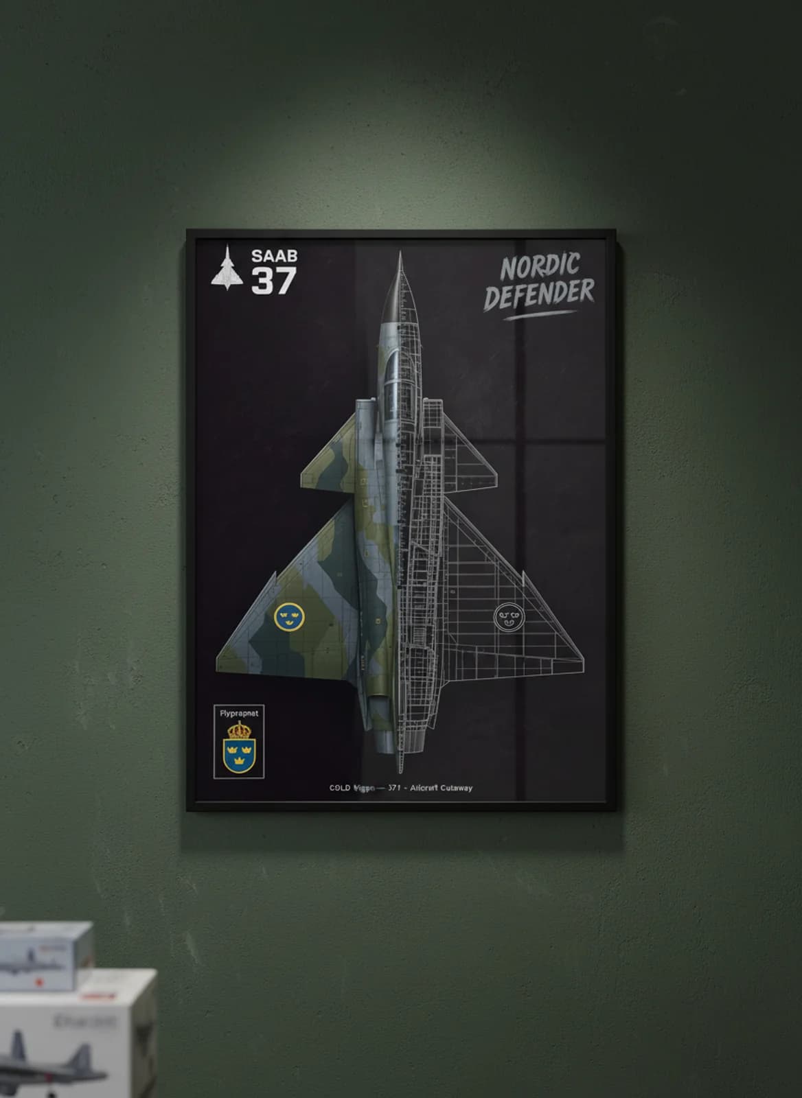 AJ 37 Viggen — Aircraft Cutaway cutaway poster in black A2 frame on splinter-green-olive-grey-camo deep forest wall — Aircraft Cutaways enthusiast study mockup