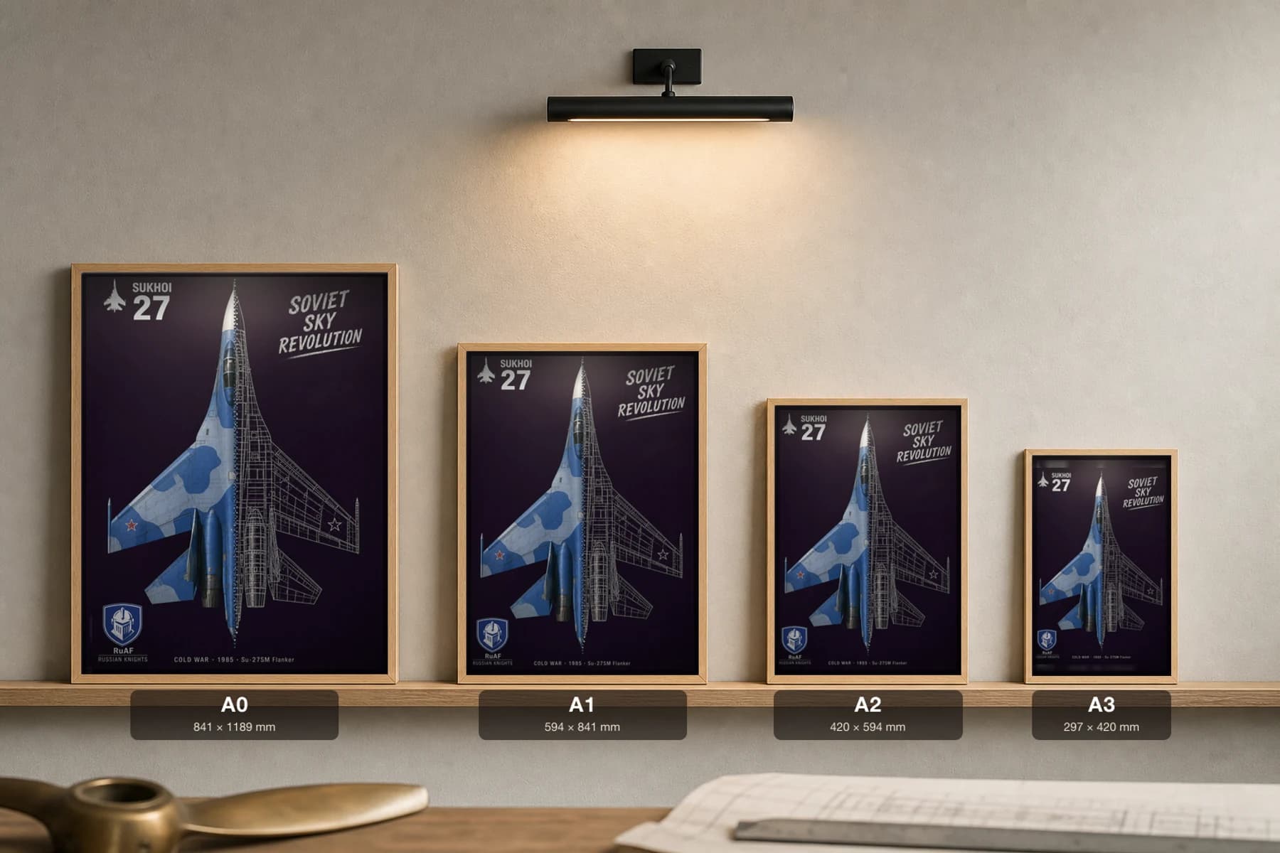 Su-27SM Flanker Cutaway Poster — Su-27SM Cold War Split-View Blueprint Print — print size guide showing the artwork at A0, A1, A2 and A3 in natural-oak frames at true relative scale