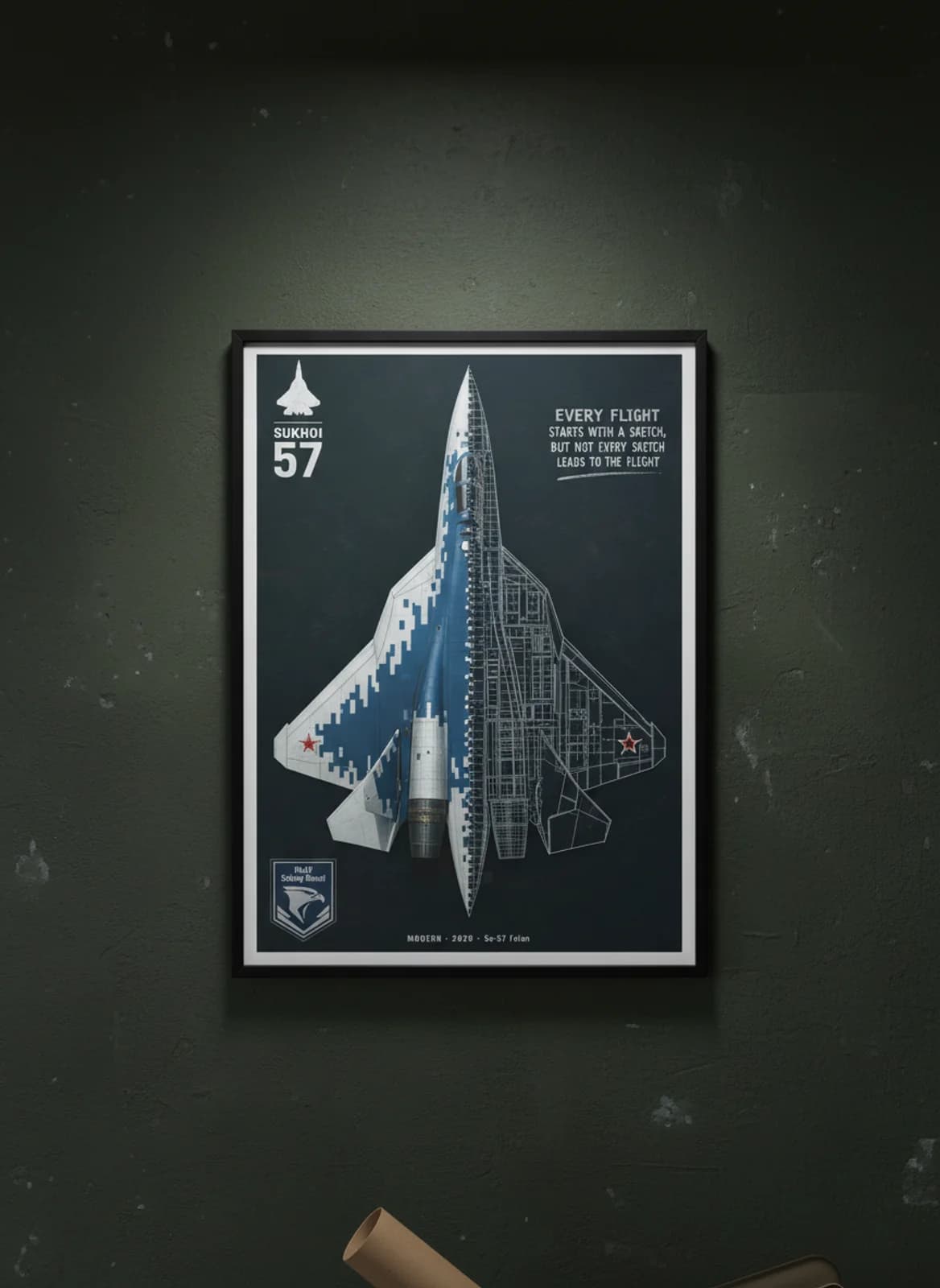 Su-57 Felon — Aircraft Cutaway cutaway poster in black A2 frame on pixel-digital-camo-blue-white deep forest wall — Aircraft Cutaways enthusiast study mockup