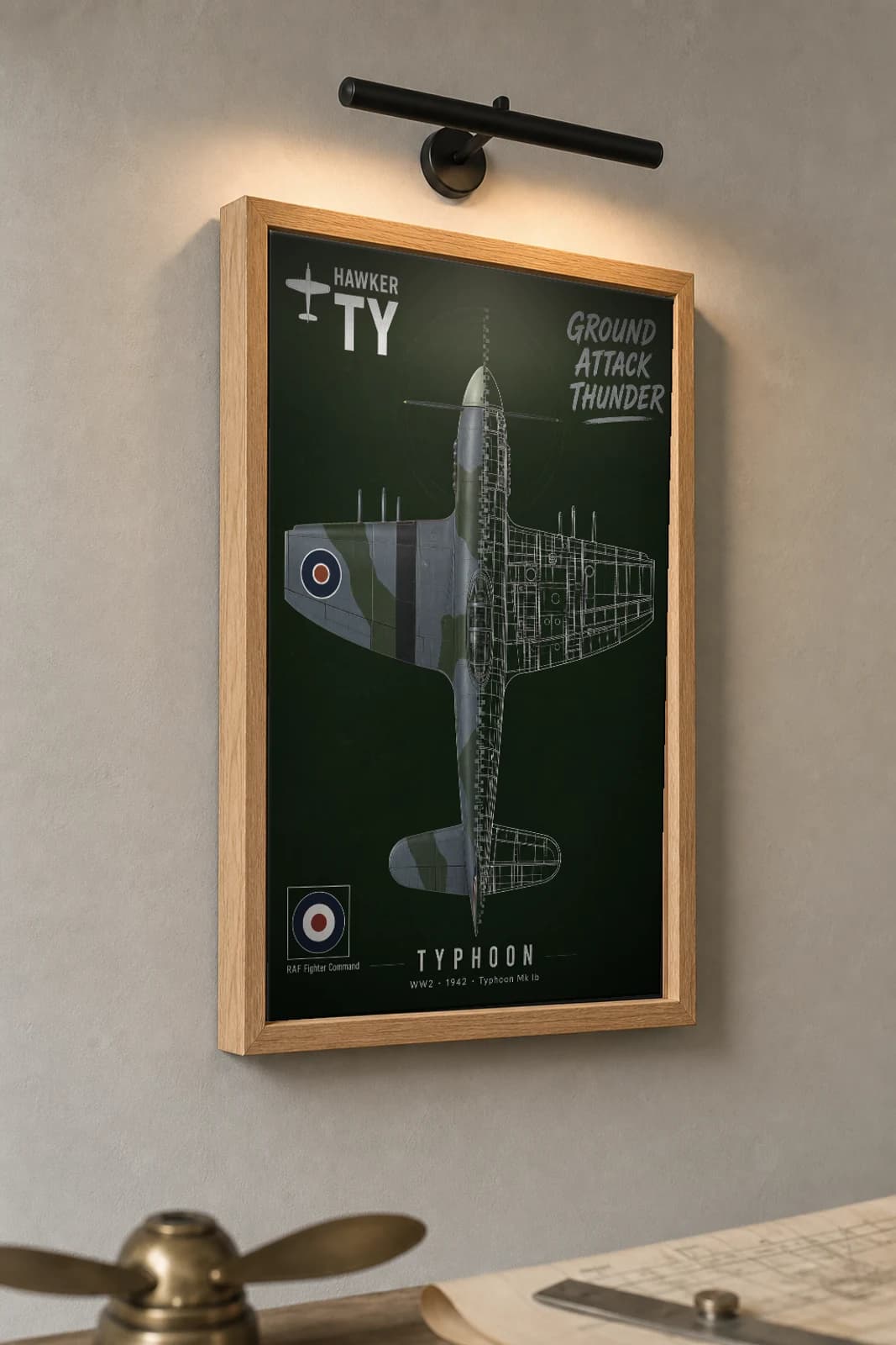 Hawker Typhoon Cutaway Poster — Mk Ib WW2 Split-View Blueprint Print — the framed print shown at a three-quarter angle on a styled gallery wall in a natural-oak frame
