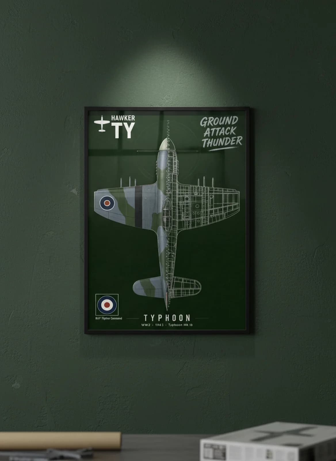 Typhoon Mk Ib — Aircraft Cutaway cutaway poster in black A2 frame on raf-dark-green deep forest wall — Aircraft Cutaways enthusiast study mockup