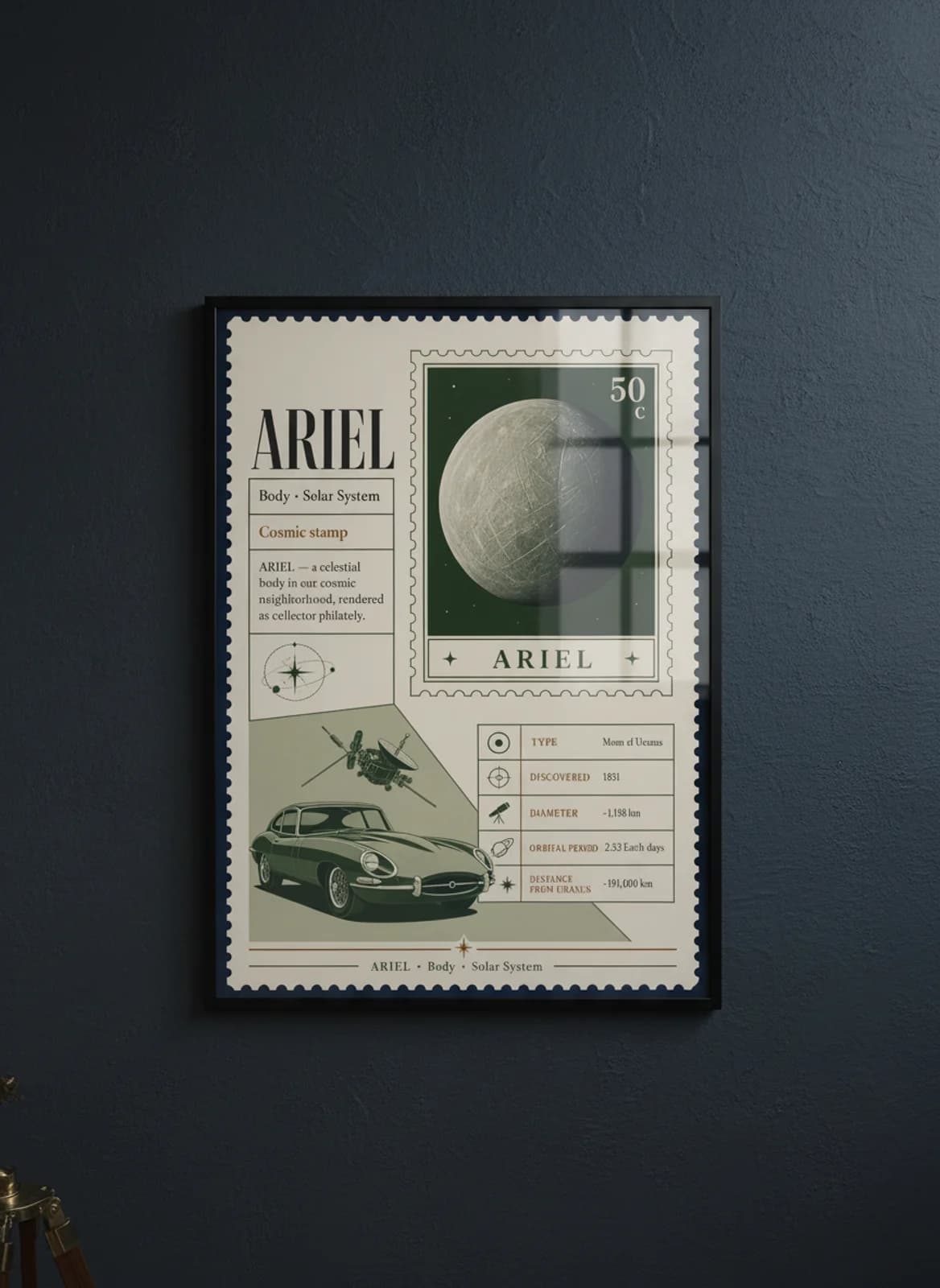 ARIEL — Astronomical Bodies Stamp philatelic stamp poster in black A2 frame on ariel-blue-grey dark observatory wall — Astronomical Bodies mockup