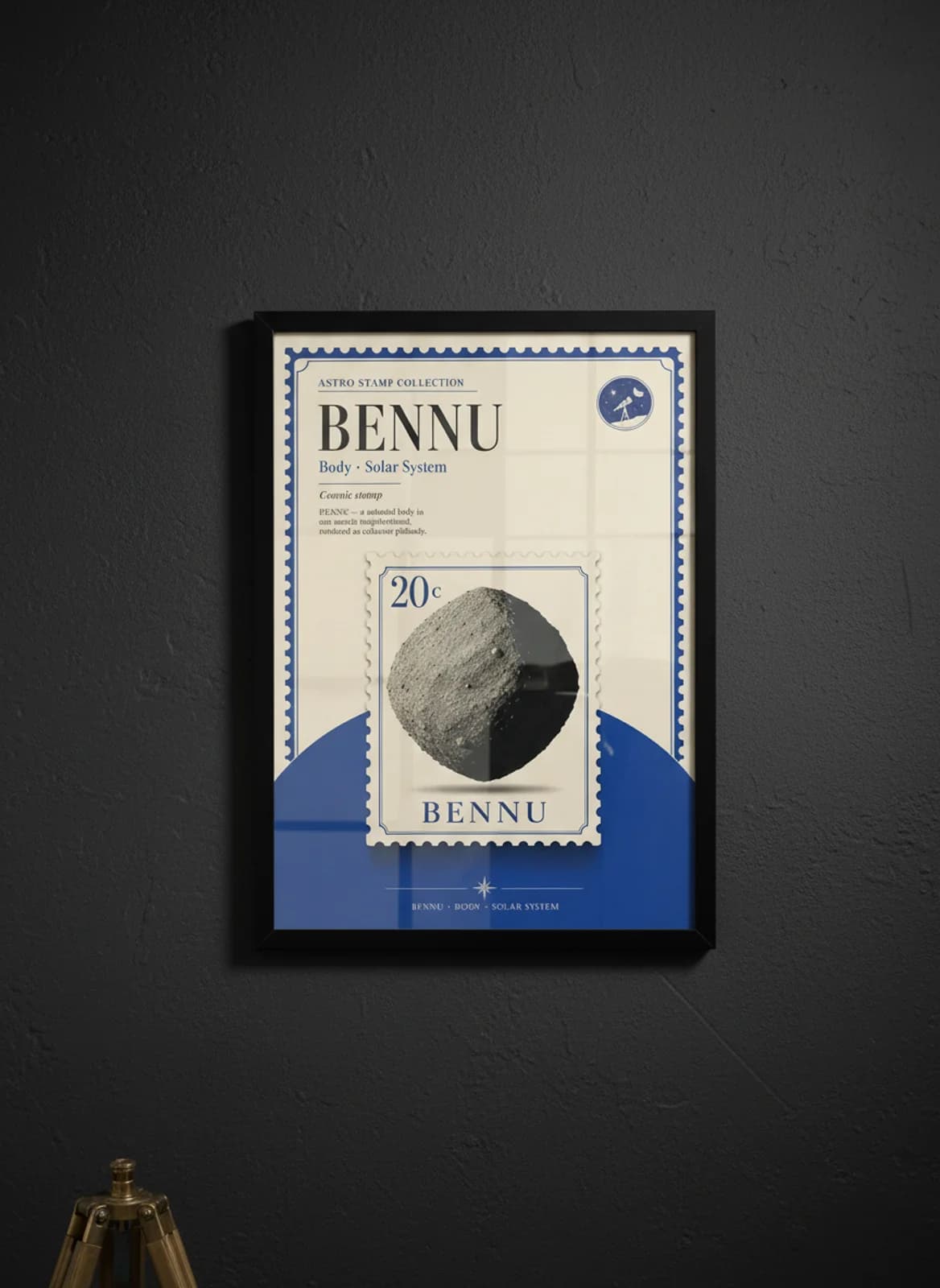 BENNU — Astronomical Bodies Stamp philatelic stamp poster in black A2 frame on bennu-dark dark observatory wall — Astronomical Bodies mockup