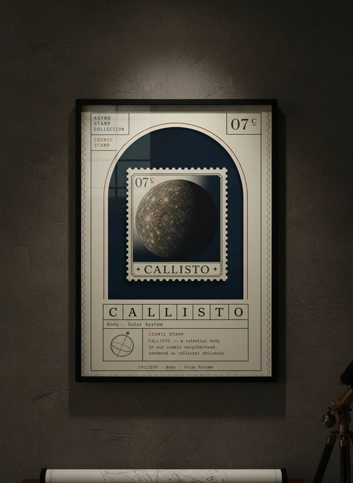 CALLISTO — Astronomical Bodies Stamp philatelic stamp poster in black A2 frame on callisto-dark dark observatory wall — Astronomical Bodies mockup