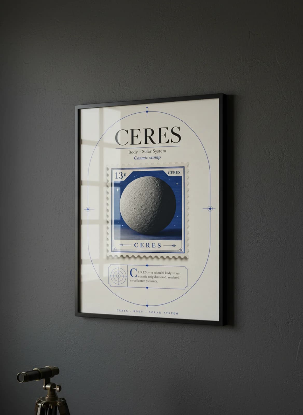 CERES — Astronomical Bodies Stamp philatelic stamp poster in black A2 frame on ceres-grey dark observatory wall — Astronomical Bodies mockup