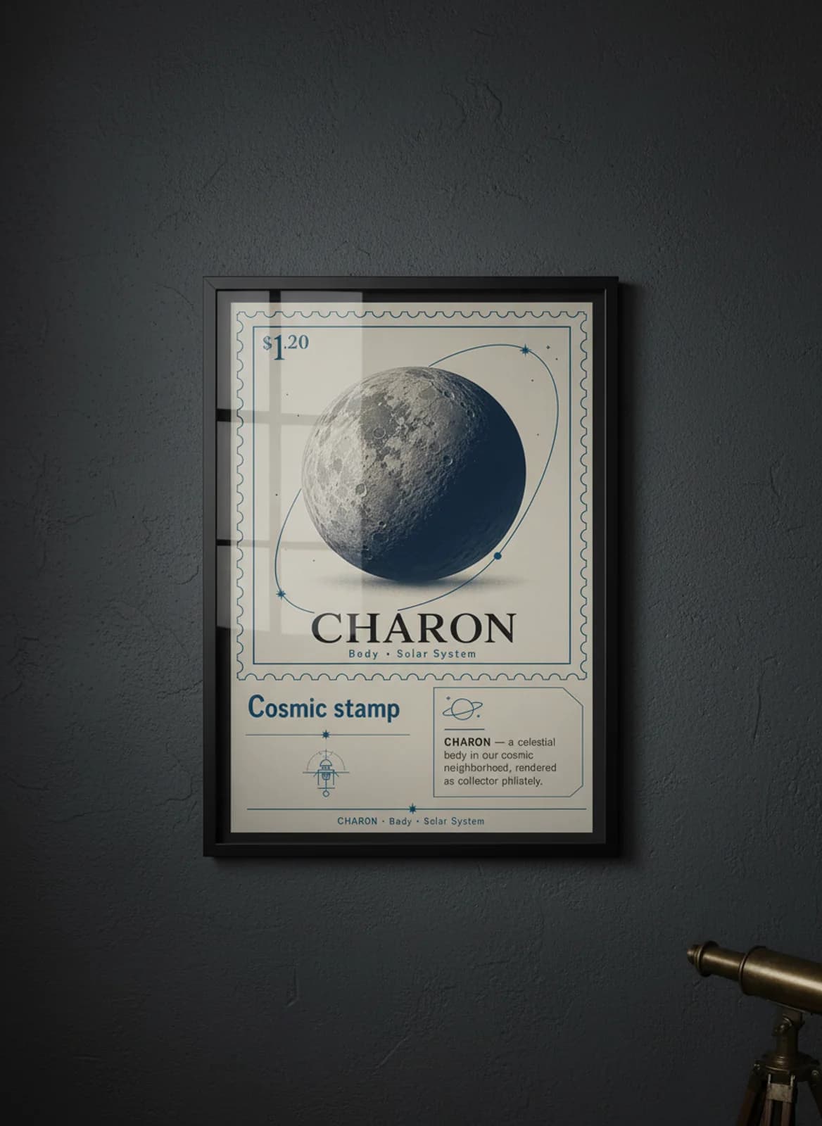 CHARON — Astronomical Bodies Stamp philatelic stamp poster in black A2 frame on charon-grey dark observatory wall — Astronomical Bodies mockup