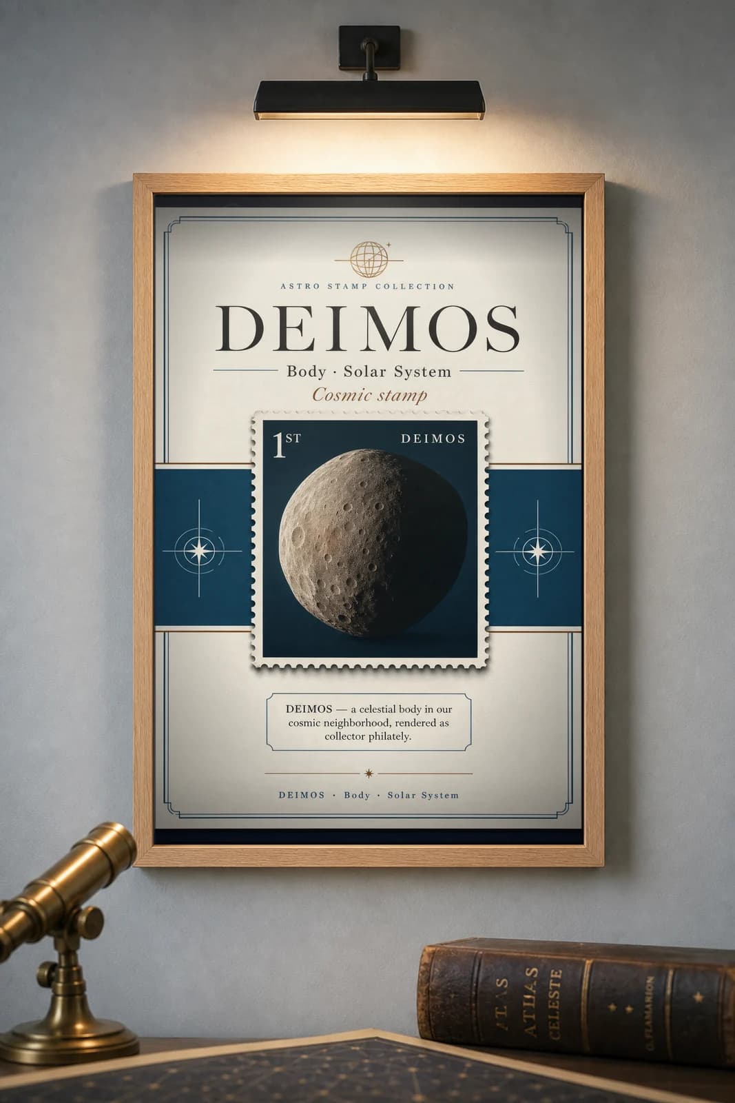 DEIMOS — Astronomical Bodies Stamp philatelic stamp poster in black A2 frame on deimos-grey dark observatory wall — Astronomical Bodies mockup