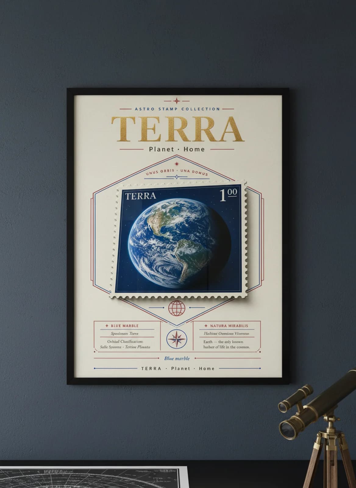 TERRA — Astronomical Bodies Stamp philatelic stamp poster in black A2 frame on earth-blue dark observatory wall — Astronomical Bodies mockup