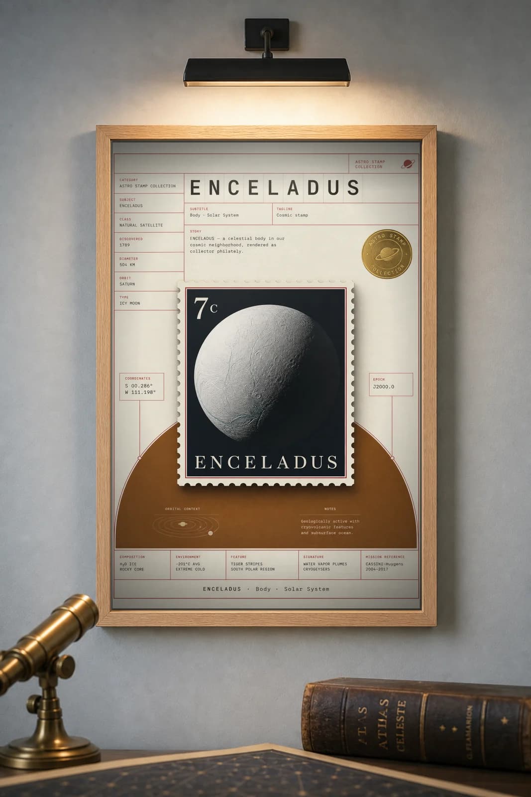 ENCELADUS — Astronomical Bodies Stamp philatelic stamp poster in black A2 frame on enceladus-bright dark observatory wall — Astronomical Bodies mockup