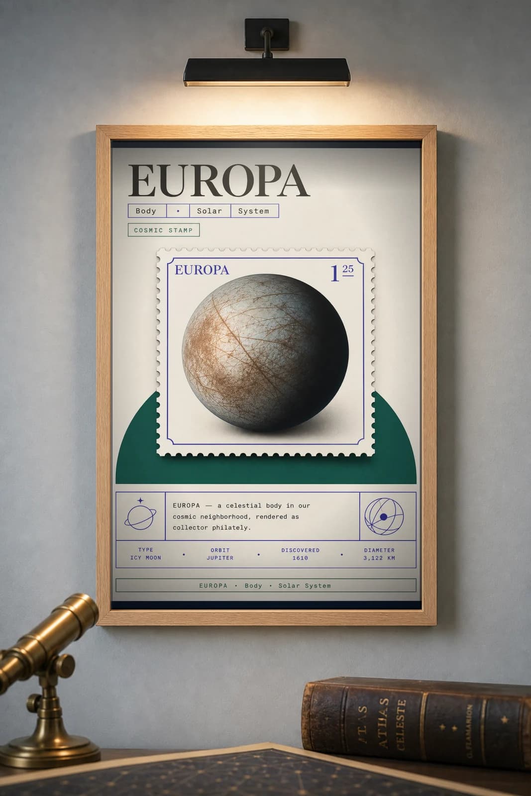 EUROPA — Astronomical Bodies Stamp philatelic stamp poster in black A2 frame on europa-ice dark observatory wall — Astronomical Bodies mockup