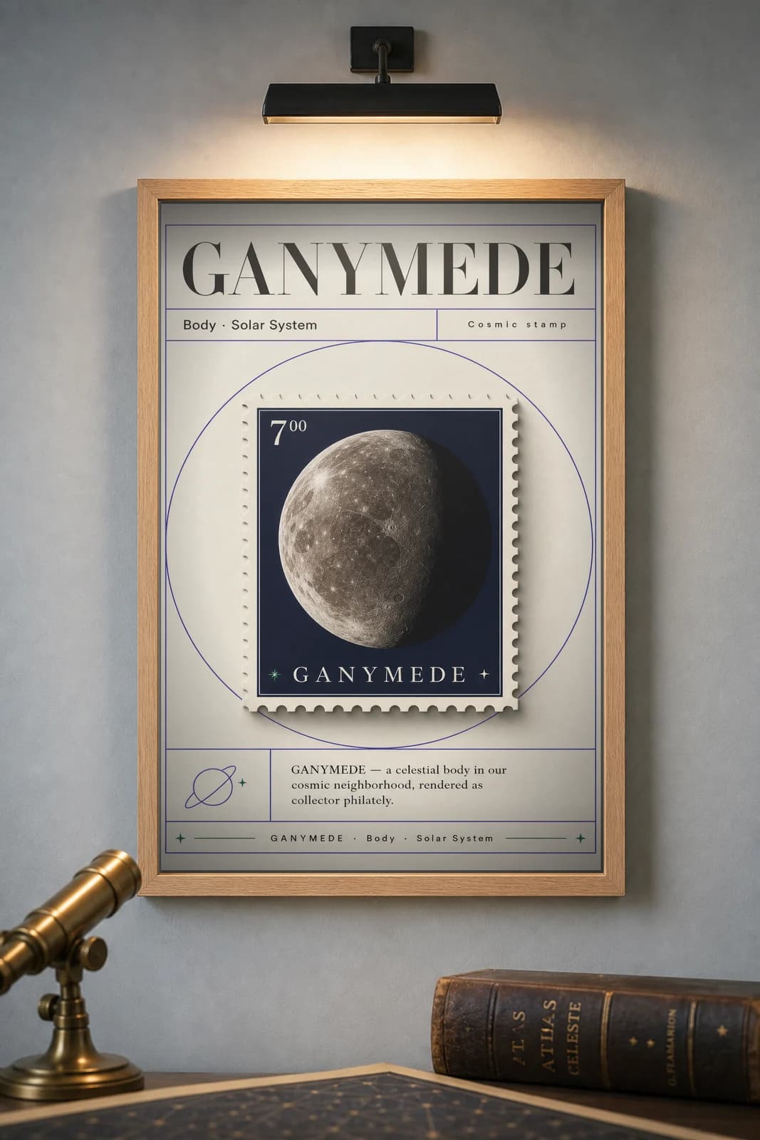 GANYMEDE — Astronomical Bodies Stamp philatelic stamp poster in black A2 frame on ganymede-grey dark observatory wall — Astronomical Bodies mockup
