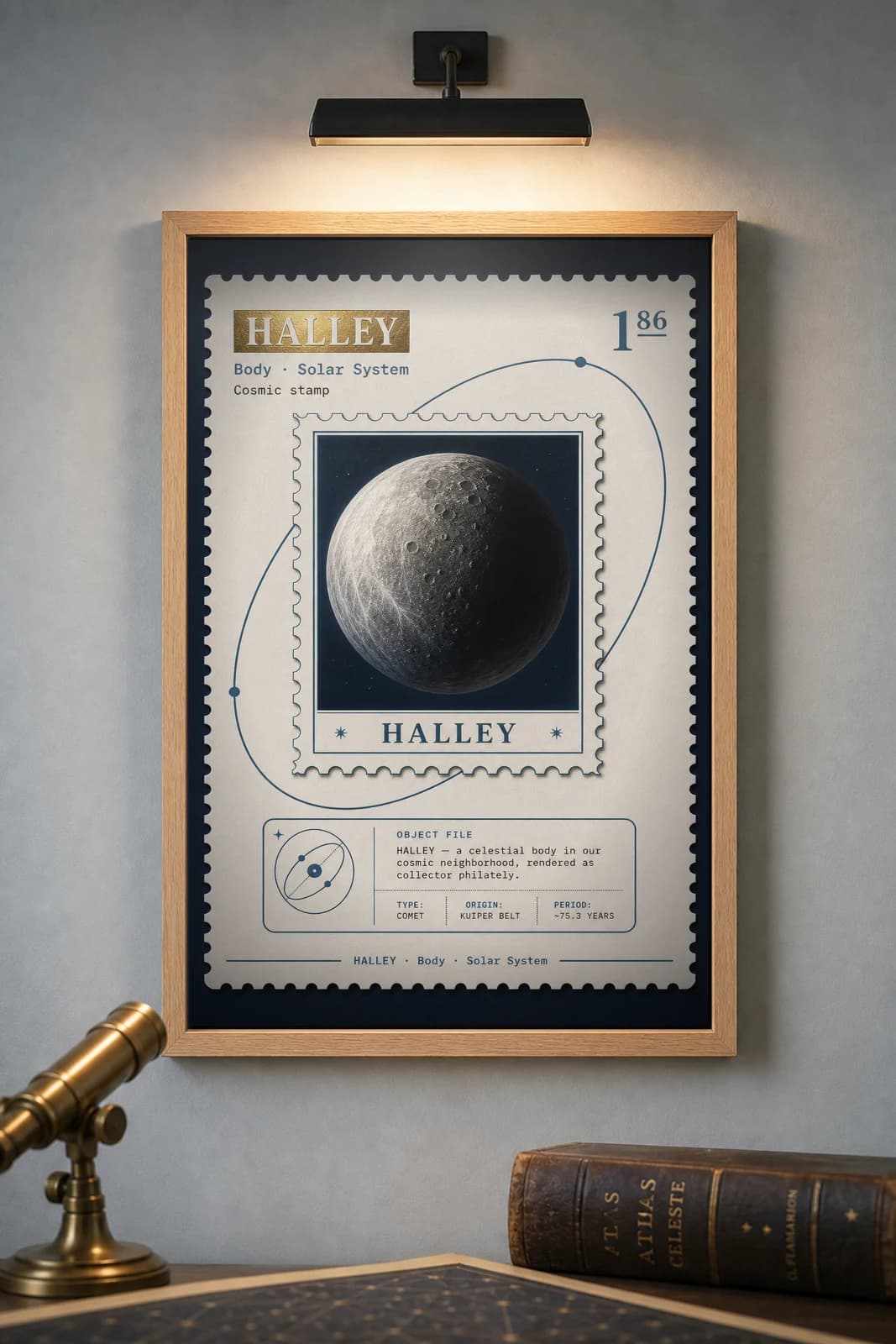 HALLEY — Astronomical Bodies Stamp philatelic stamp poster in black A2 frame on halley-comet dark observatory wall — Astronomical Bodies mockup