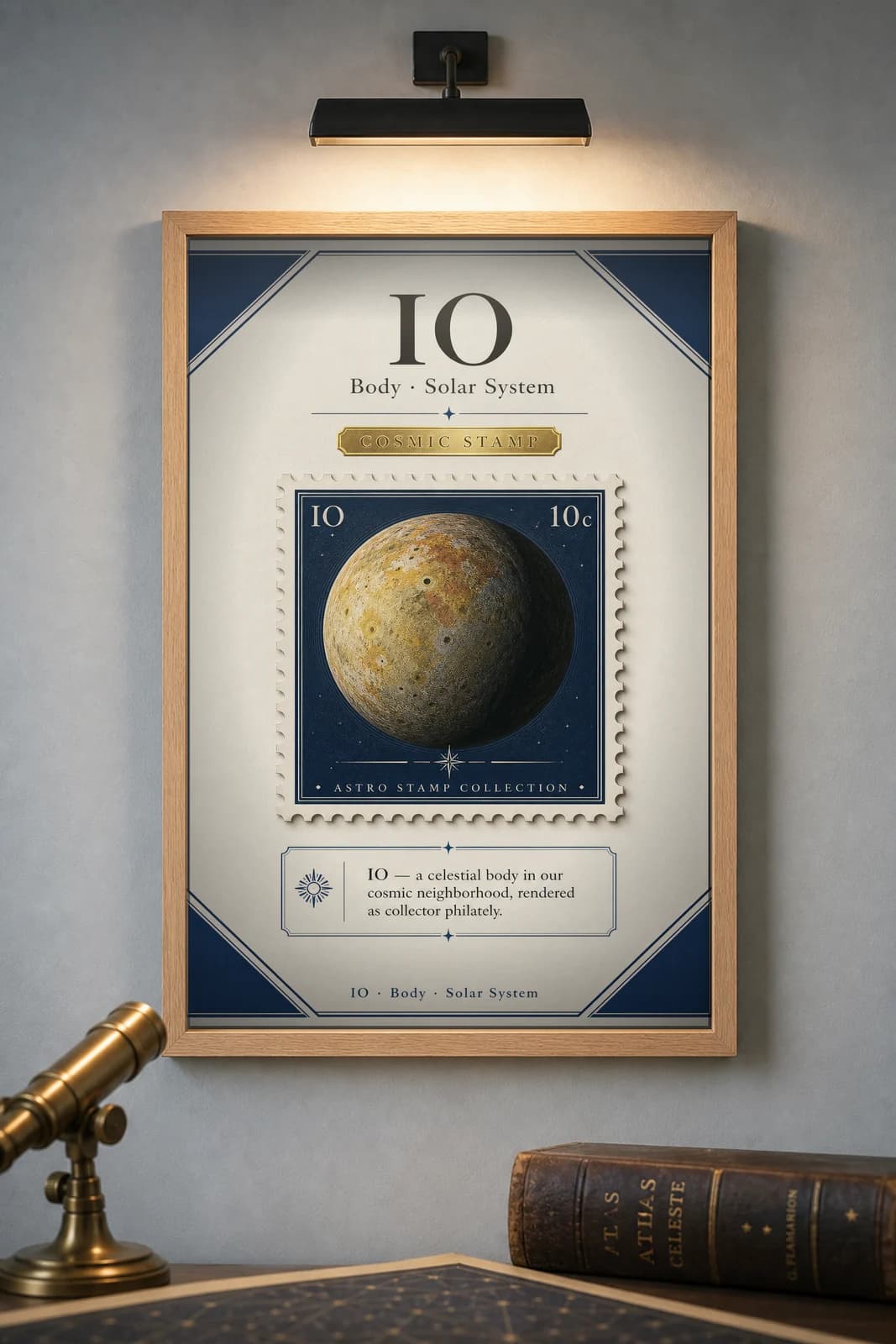 IO — Astronomical Bodies Stamp philatelic stamp poster in black A2 frame on io-sulfur dark observatory wall — Astronomical Bodies mockup