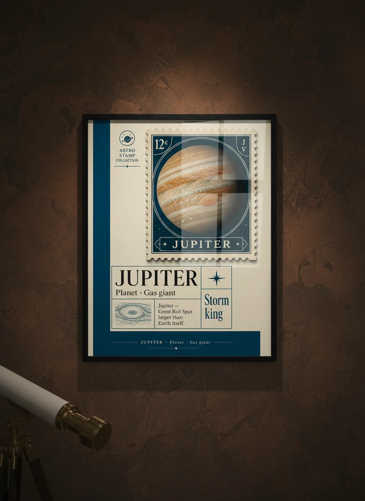 JUPITER — Astronomical Bodies Stamp philatelic stamp poster in black A2 frame on jupiter-band dark observatory wall — Astronomical Bodies mockup