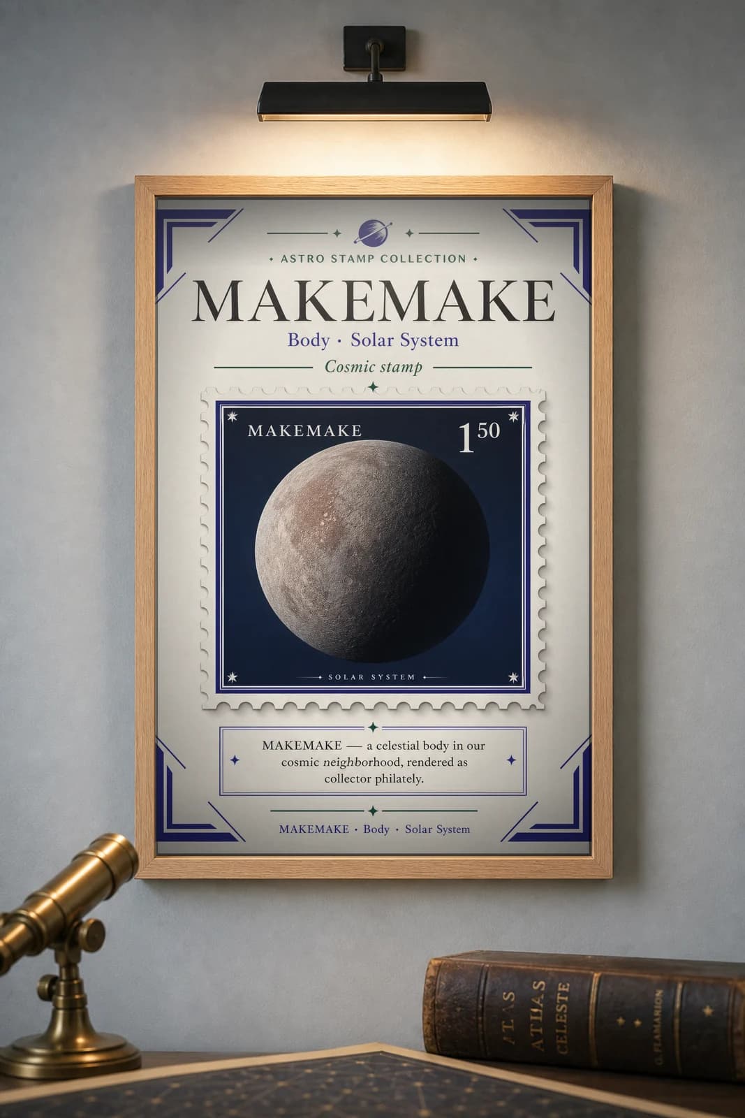 MAKEMAKE — Astronomical Bodies Stamp philatelic stamp poster in black A2 frame on makemake-red dark observatory wall — Astronomical Bodies mockup