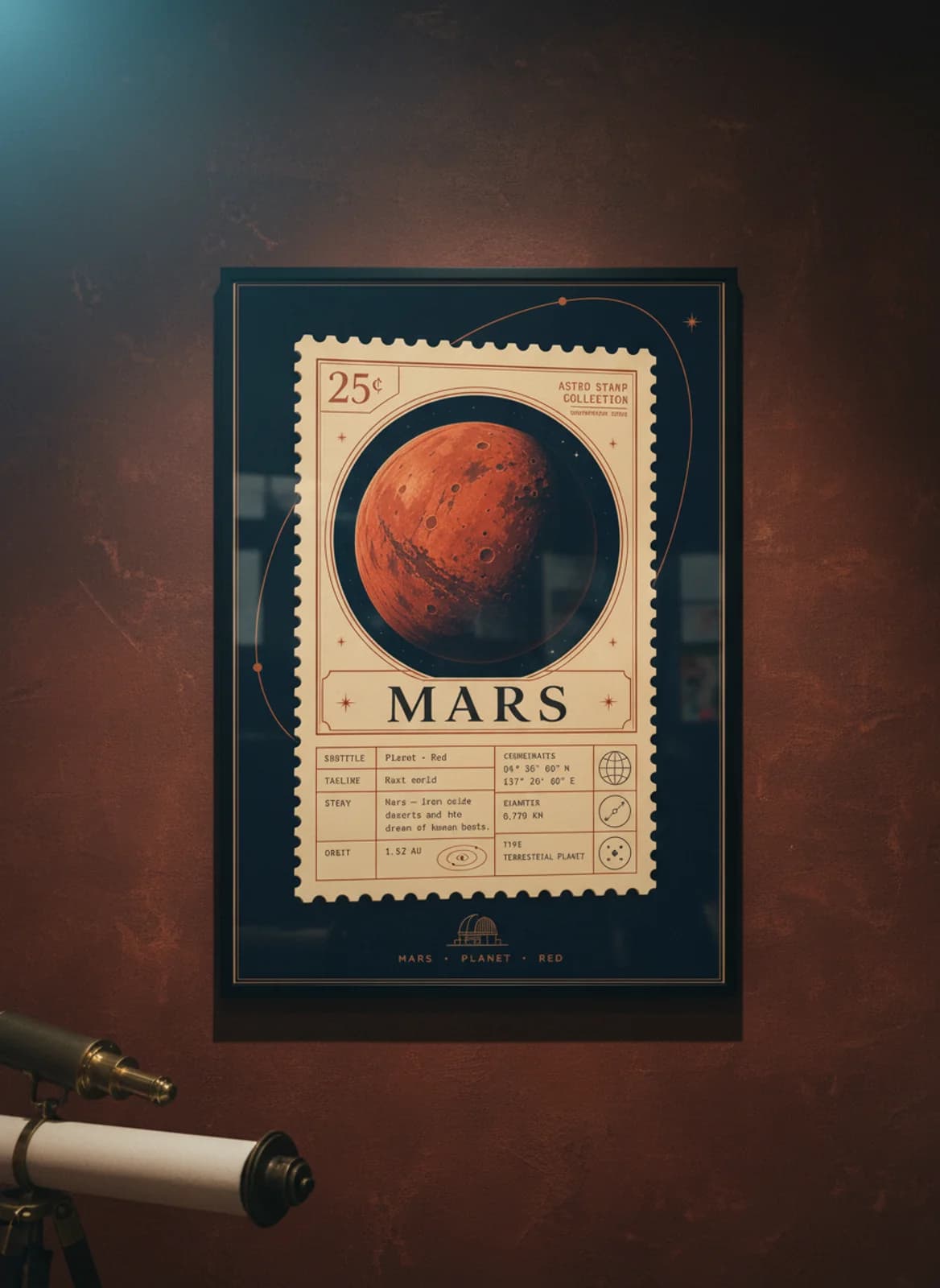 MARS — Astronomical Bodies Stamp philatelic stamp poster in black A2 frame on mars-rust dark observatory wall — Astronomical Bodies mockup