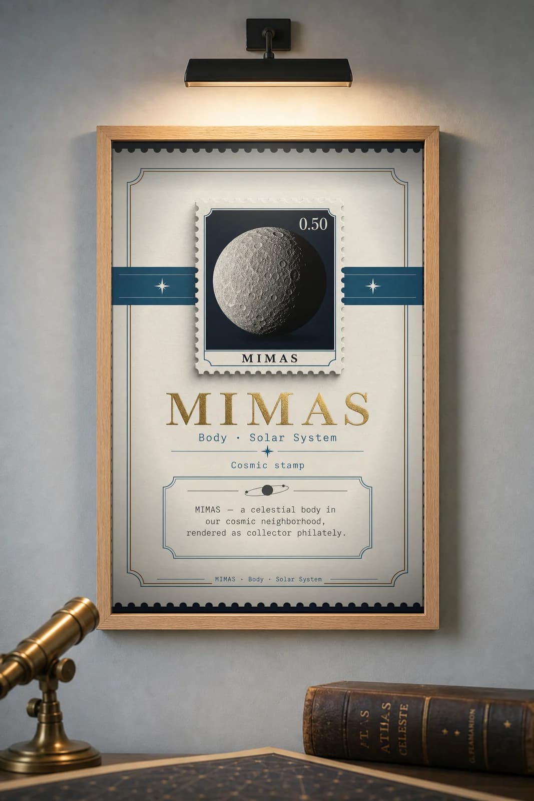 MIMAS — Astronomical Bodies Stamp philatelic stamp poster in black A2 frame on mimas-bright dark observatory wall — Astronomical Bodies mockup