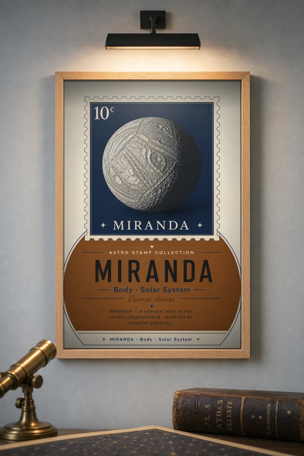 MIRANDA — Astronomical Bodies Stamp philatelic stamp poster in black A2 frame on miranda-grey dark observatory wall — Astronomical Bodies mockup