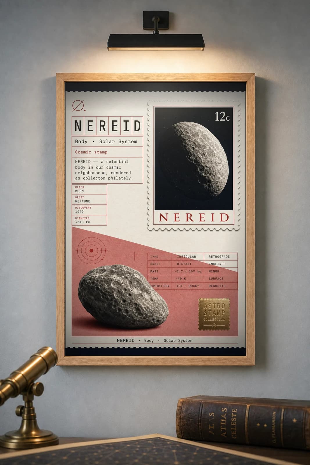 NEREID — Astronomical Bodies Stamp philatelic stamp poster in black A2 frame on nereid-grey dark observatory wall — Astronomical Bodies mockup