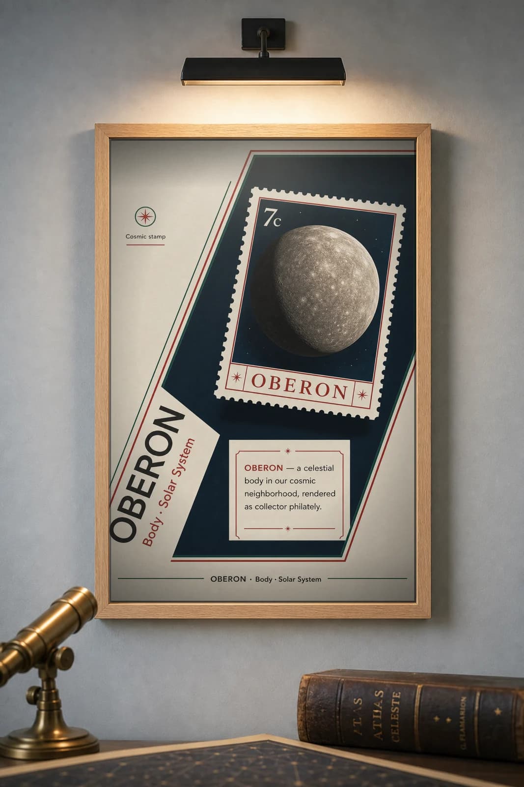 OBERON — Astronomical Bodies Stamp philatelic stamp poster in black A2 frame on oberon-grey dark observatory wall — Astronomical Bodies mockup