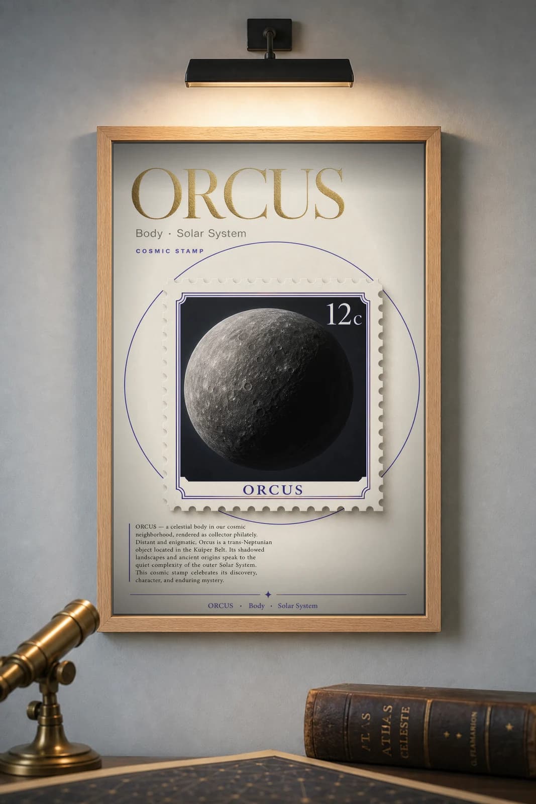 ORCUS — Astronomical Bodies Stamp philatelic stamp poster in black A2 frame on orcus-grey dark observatory wall — Astronomical Bodies mockup