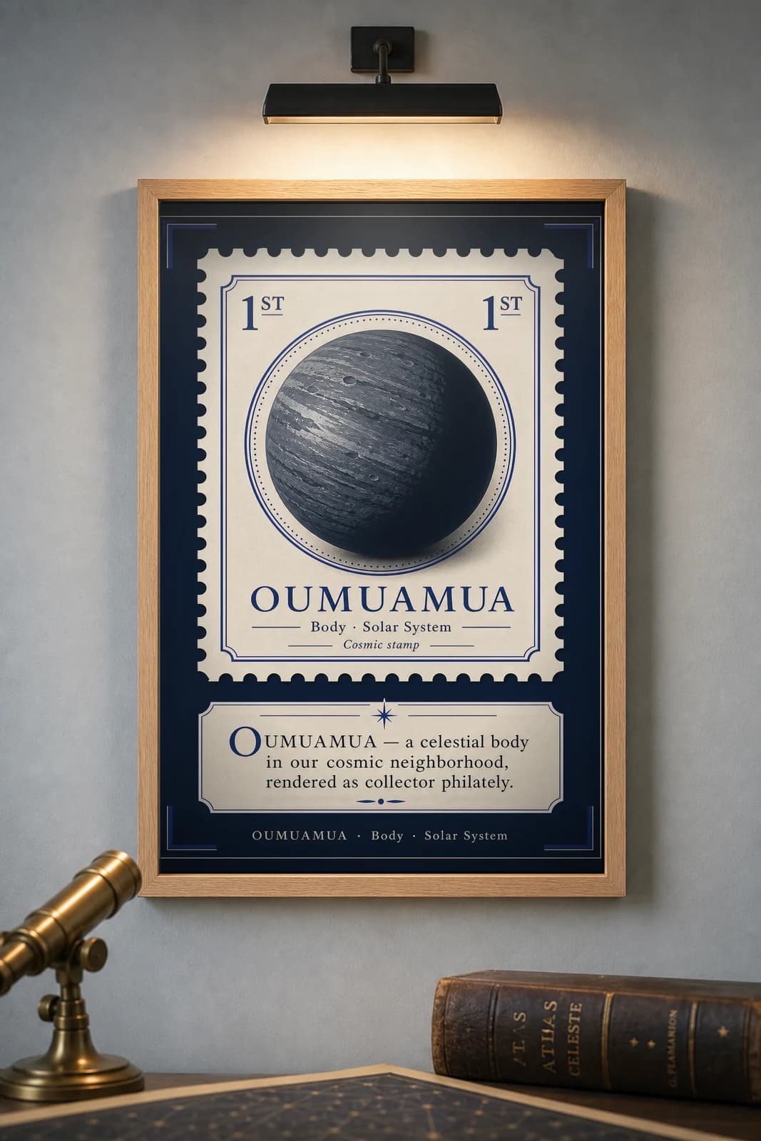OUMUAMUA — Astronomical Bodies Stamp philatelic stamp poster in black A2 frame on oumuamua-red dark observatory wall — Astronomical Bodies mockup