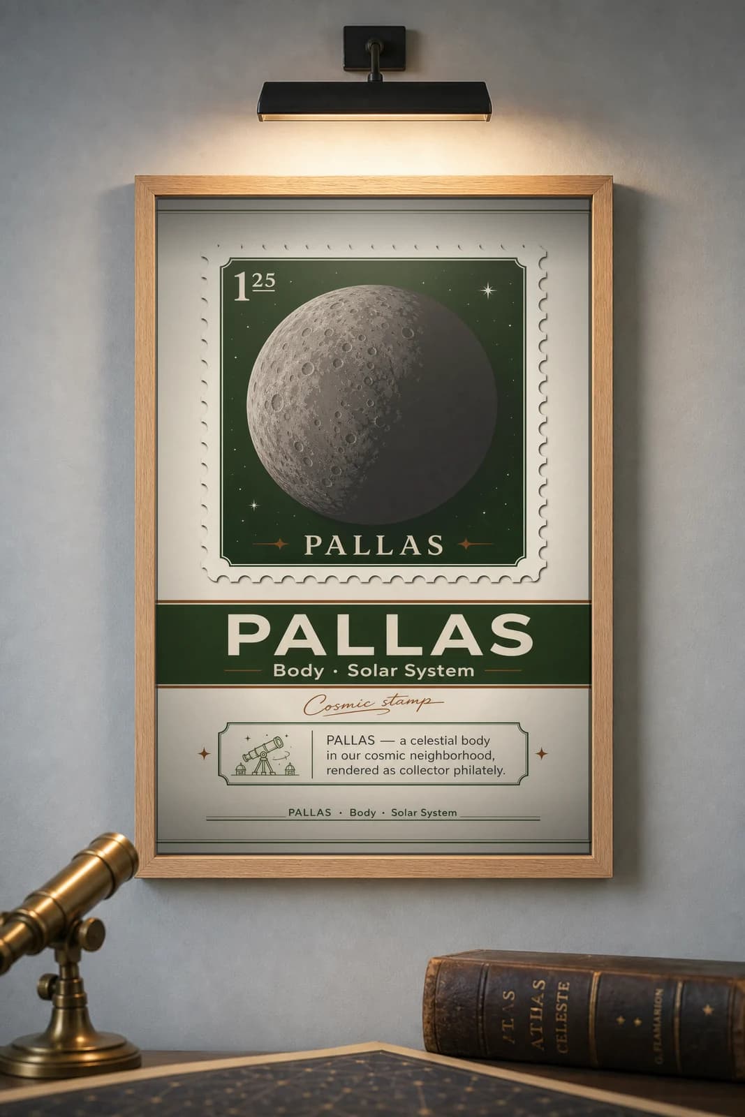 PALLAS — Astronomical Bodies Stamp philatelic stamp poster in black A2 frame on pallas-dark dark observatory wall — Astronomical Bodies mockup