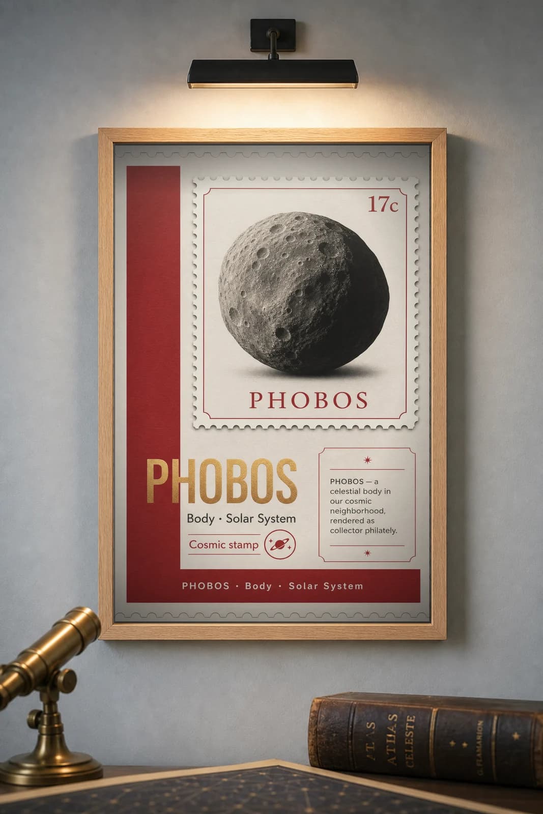 PHOBOS — Astronomical Bodies Stamp philatelic stamp poster in black A2 frame on phobos-brown dark observatory wall — Astronomical Bodies mockup