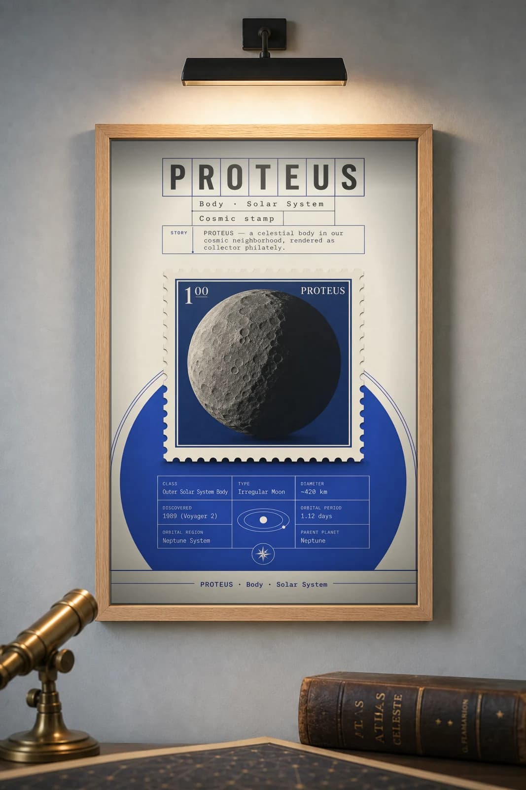 PROTEUS — Astronomical Bodies Stamp philatelic stamp poster in black A2 frame on proteus-dark dark observatory wall — Astronomical Bodies mockup
