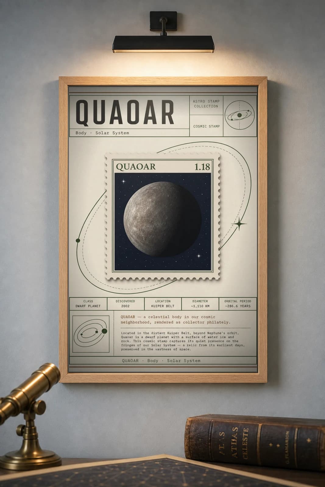 QUAOAR — Astronomical Bodies Stamp philatelic stamp poster in black A2 frame on quaoar-red dark observatory wall — Astronomical Bodies mockup