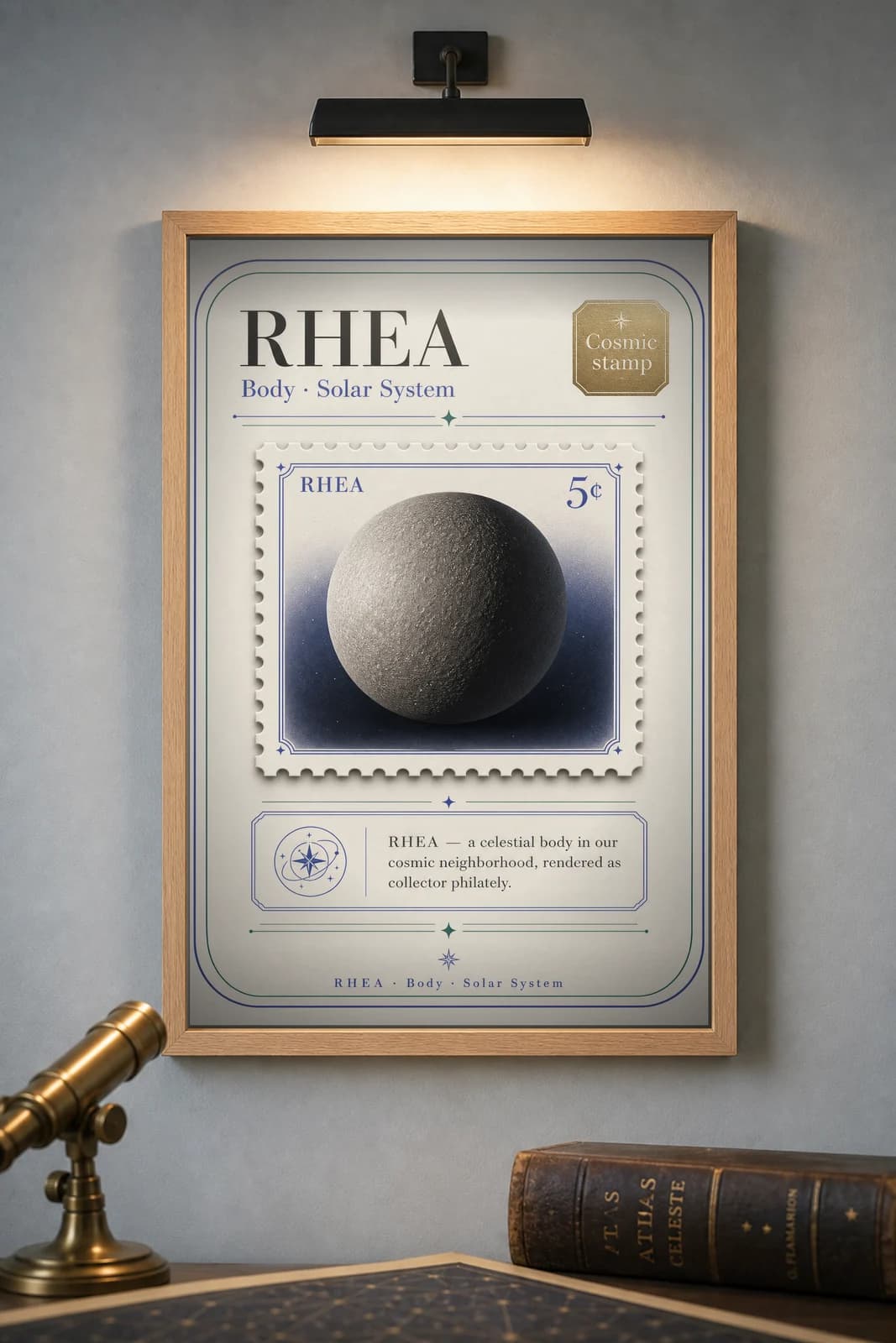 RHEA — Astronomical Bodies Stamp philatelic stamp poster in black A2 frame on rhea-grey dark observatory wall — Astronomical Bodies mockup