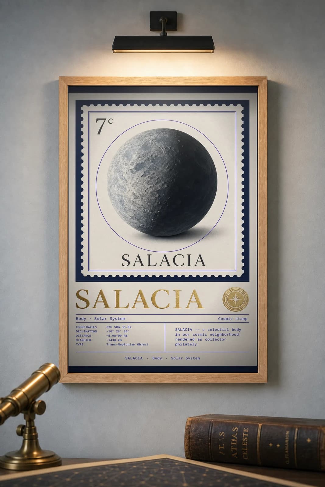 SALACIA — Astronomical Bodies Stamp philatelic stamp poster in black A2 frame on salacia-blue dark observatory wall — Astronomical Bodies mockup