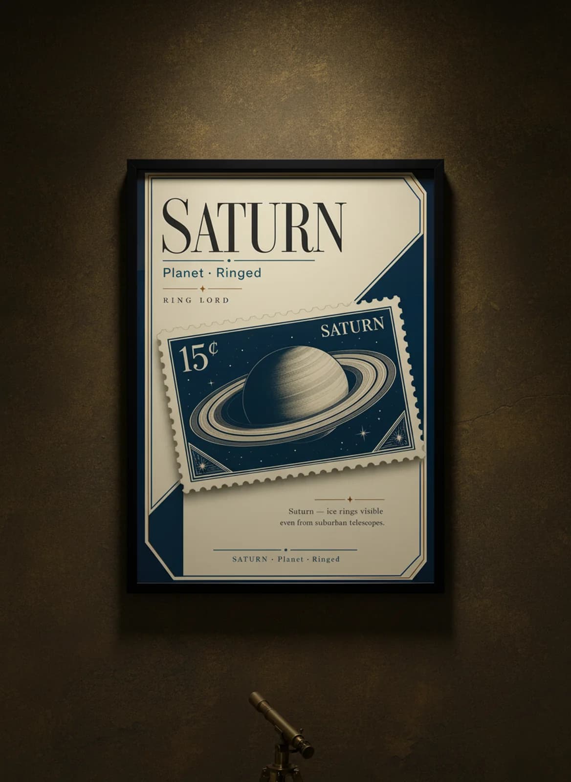 SATURN — Astronomical Bodies Stamp philatelic stamp poster in black A2 frame on saturn-gold dark observatory wall — Astronomical Bodies mockup