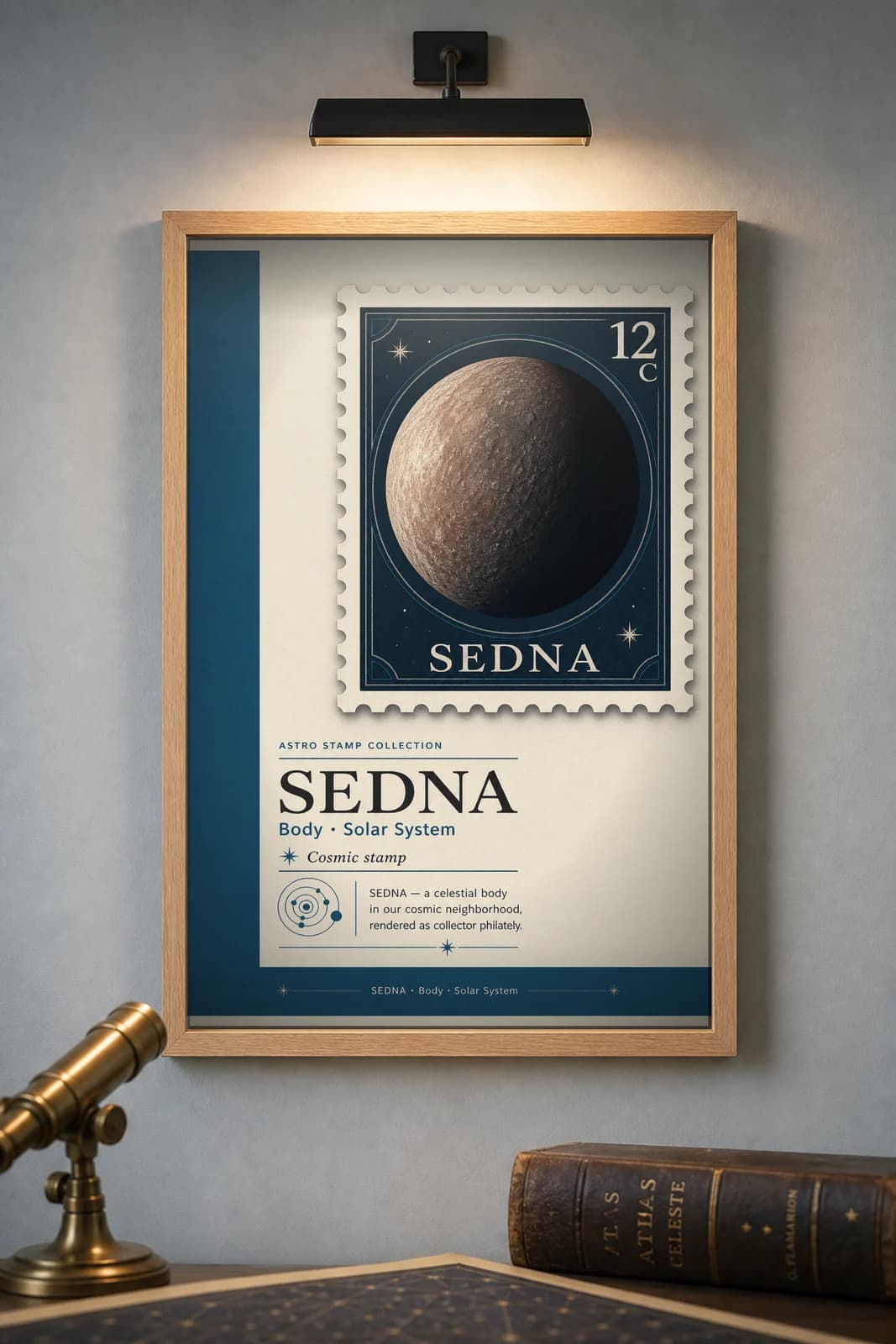 SEDNA — Astronomical Bodies Stamp philatelic stamp poster in black A2 frame on sedna-red dark observatory wall — Astronomical Bodies mockup
