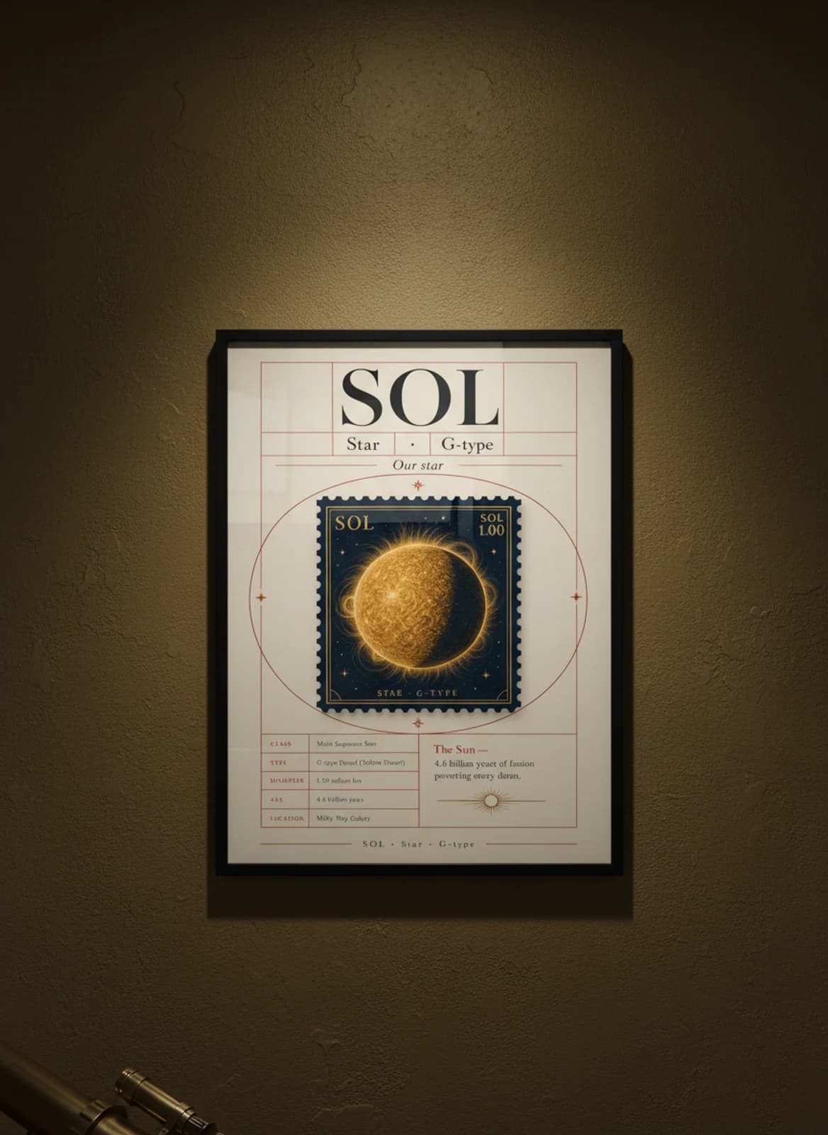 SOL — Astronomical Bodies Stamp philatelic stamp poster in black A2 frame on solar-gold dark observatory wall — Astronomical Bodies mockup