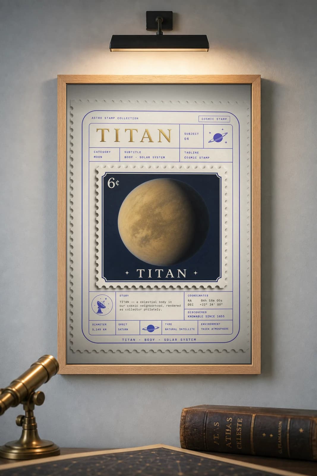 TITAN — Astronomical Bodies Stamp philatelic stamp poster in black A2 frame on titan-orange dark observatory wall — Astronomical Bodies mockup