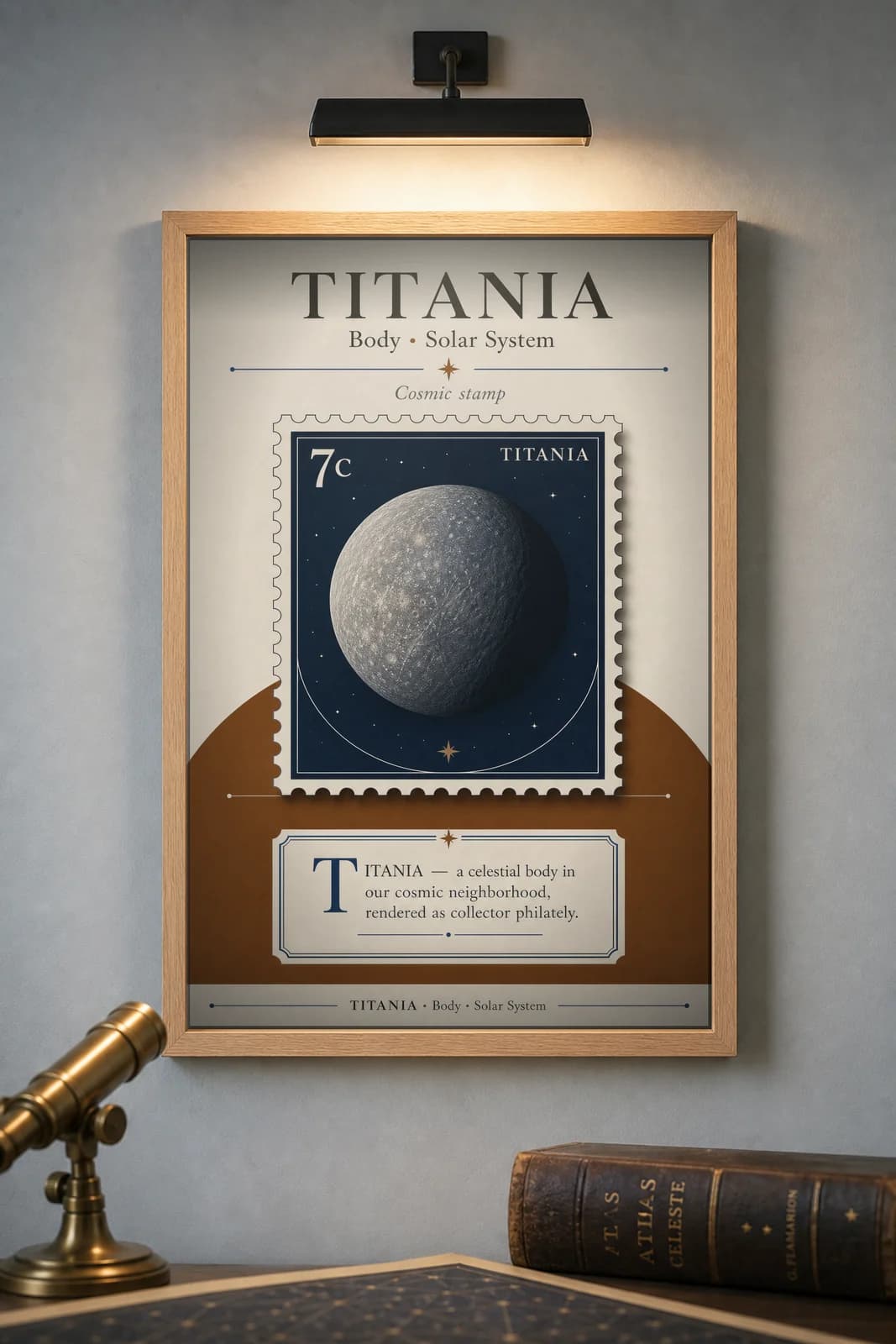 TITANIA — Astronomical Bodies Stamp philatelic stamp poster in black A2 frame on titania-grey dark observatory wall — Astronomical Bodies mockup