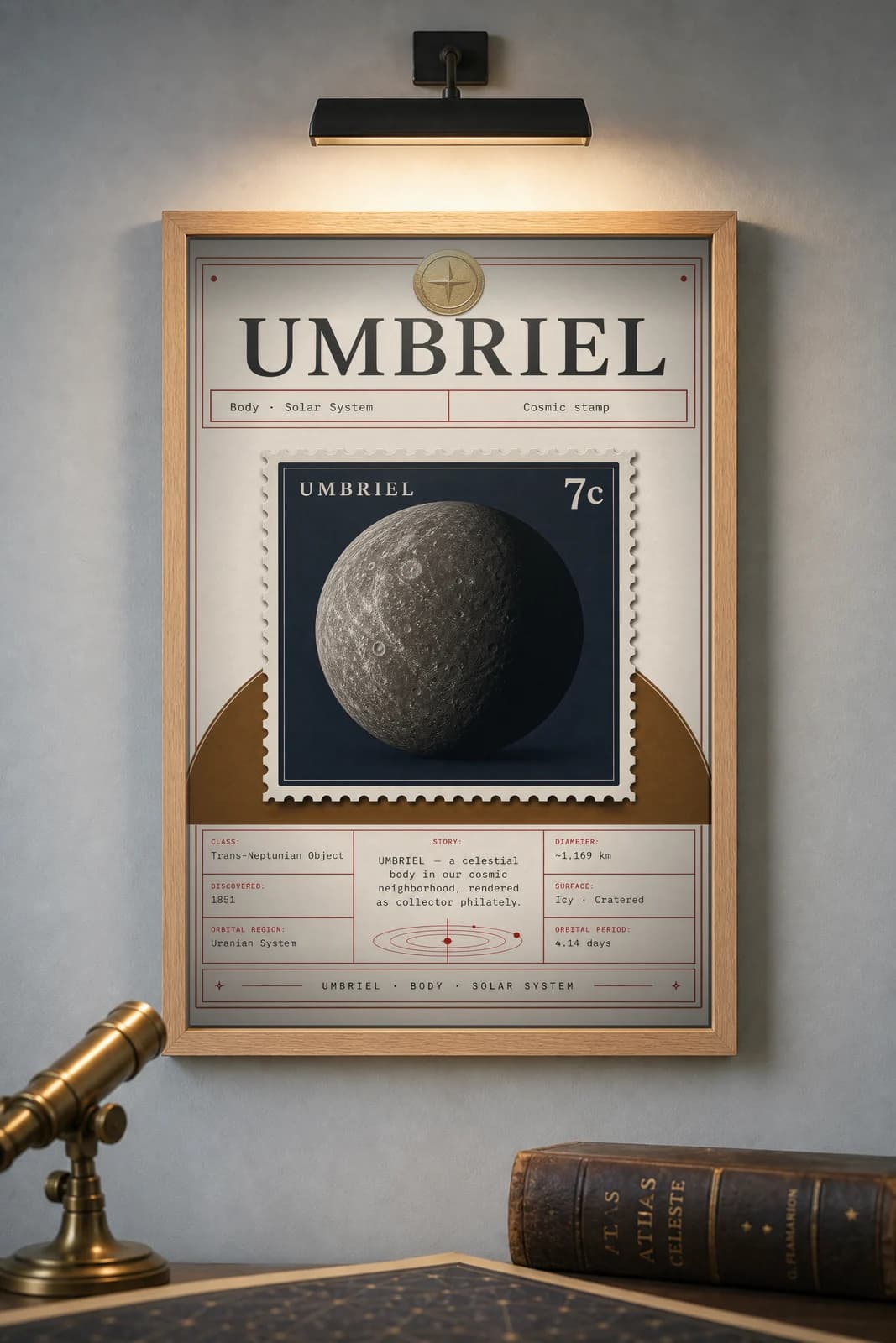 UMBRIEL — Astronomical Bodies Stamp philatelic stamp poster in black A2 frame on umbriel-dark dark observatory wall — Astronomical Bodies mockup