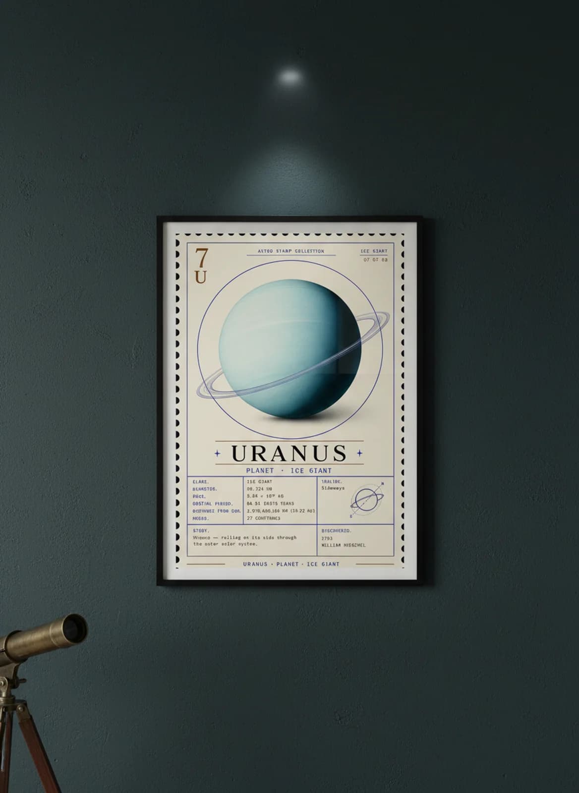 URANUS — Astronomical Bodies Stamp philatelic stamp poster in black A2 frame on uranus-cyan dark observatory wall — Astronomical Bodies mockup