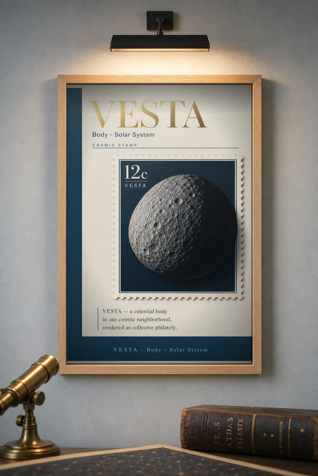 VESTA — Astronomical Bodies Stamp philatelic stamp poster in black A2 frame on vesta-bright dark observatory wall — Astronomical Bodies mockup