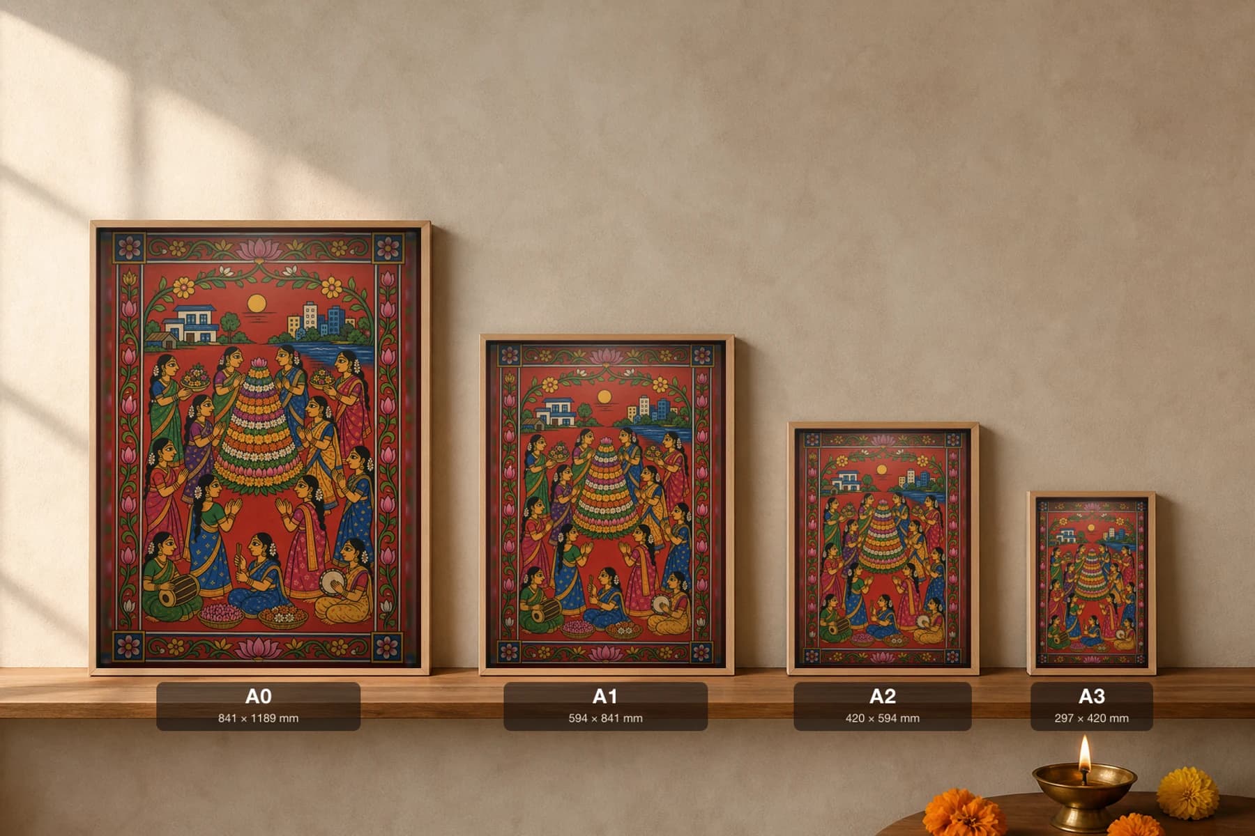 Bathukamma Cheriyal Fusion Print — Telangana's Autumn Flower-Stack Festival Circled by Singing Women, Nakashi Folk Grammar on a Vermilion Ground — print size guide showing the artwork at A0, A1, A2 and A3 in natural-oak frames at true relative scale